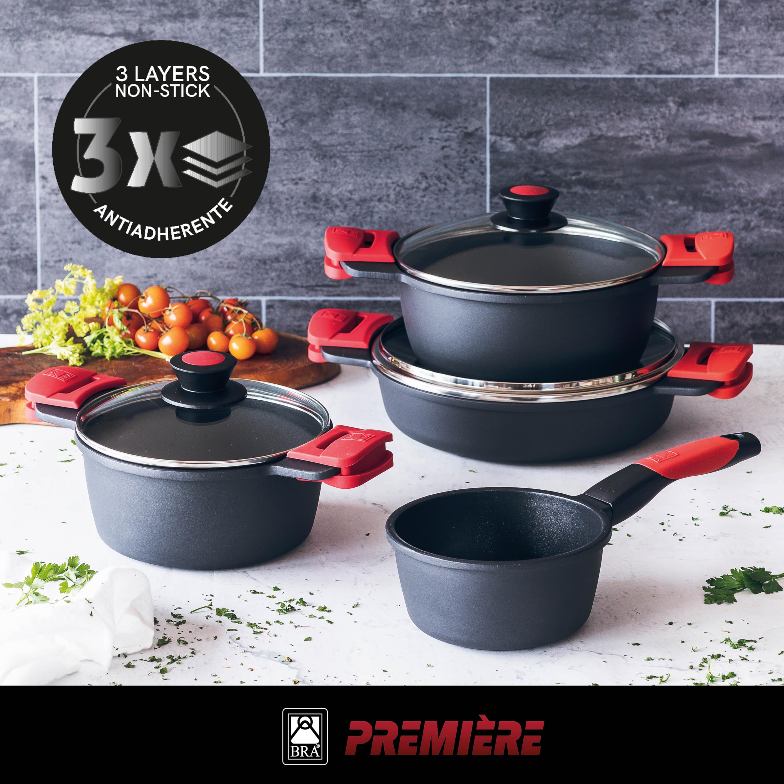 BRA Premiere | Batterie de cuisine 7 pièces en fonte d’aluminium avec revêtement antiadhésif, tous feux dont induction