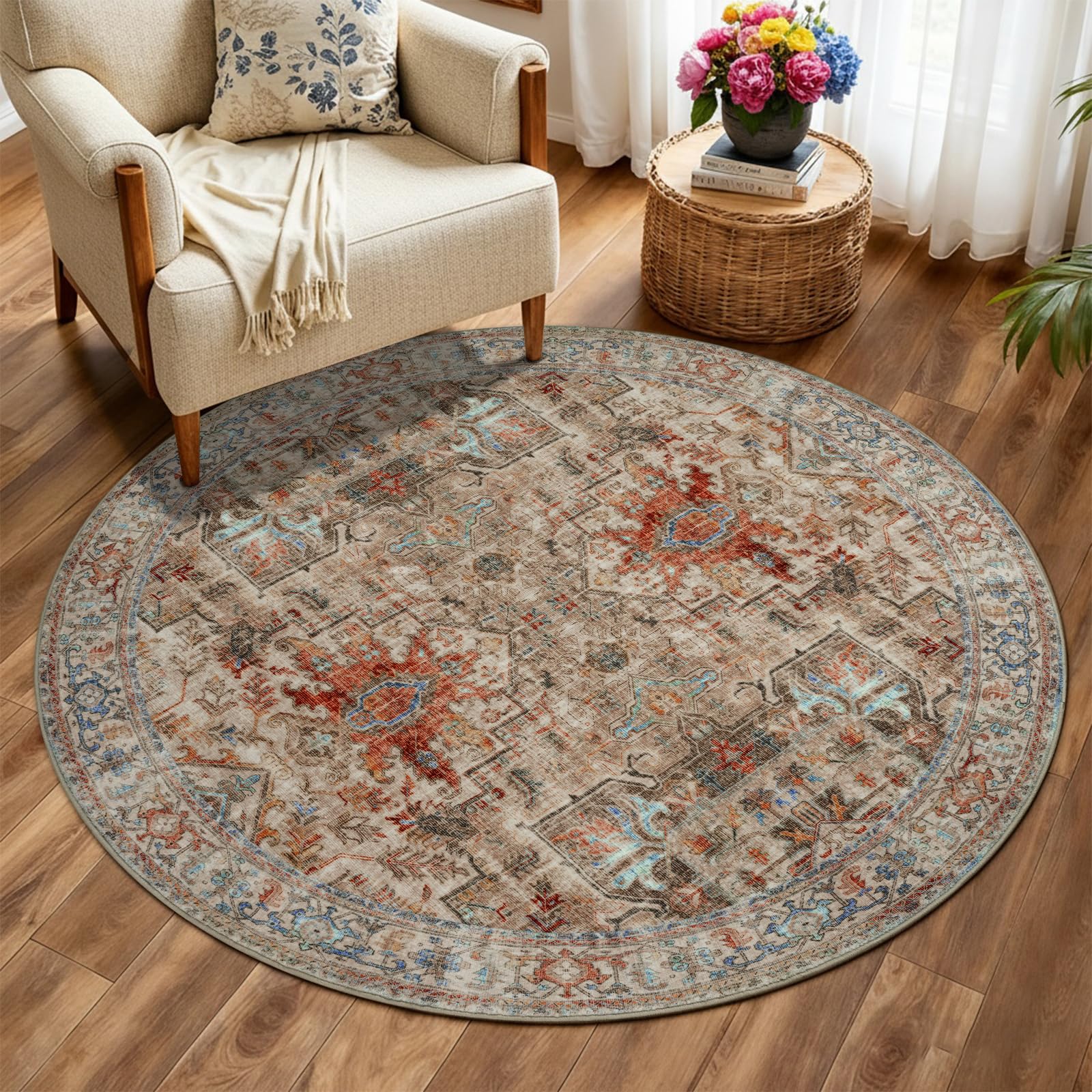 Tapis rond moderne lavable en machine marron 120 cm antidérapant