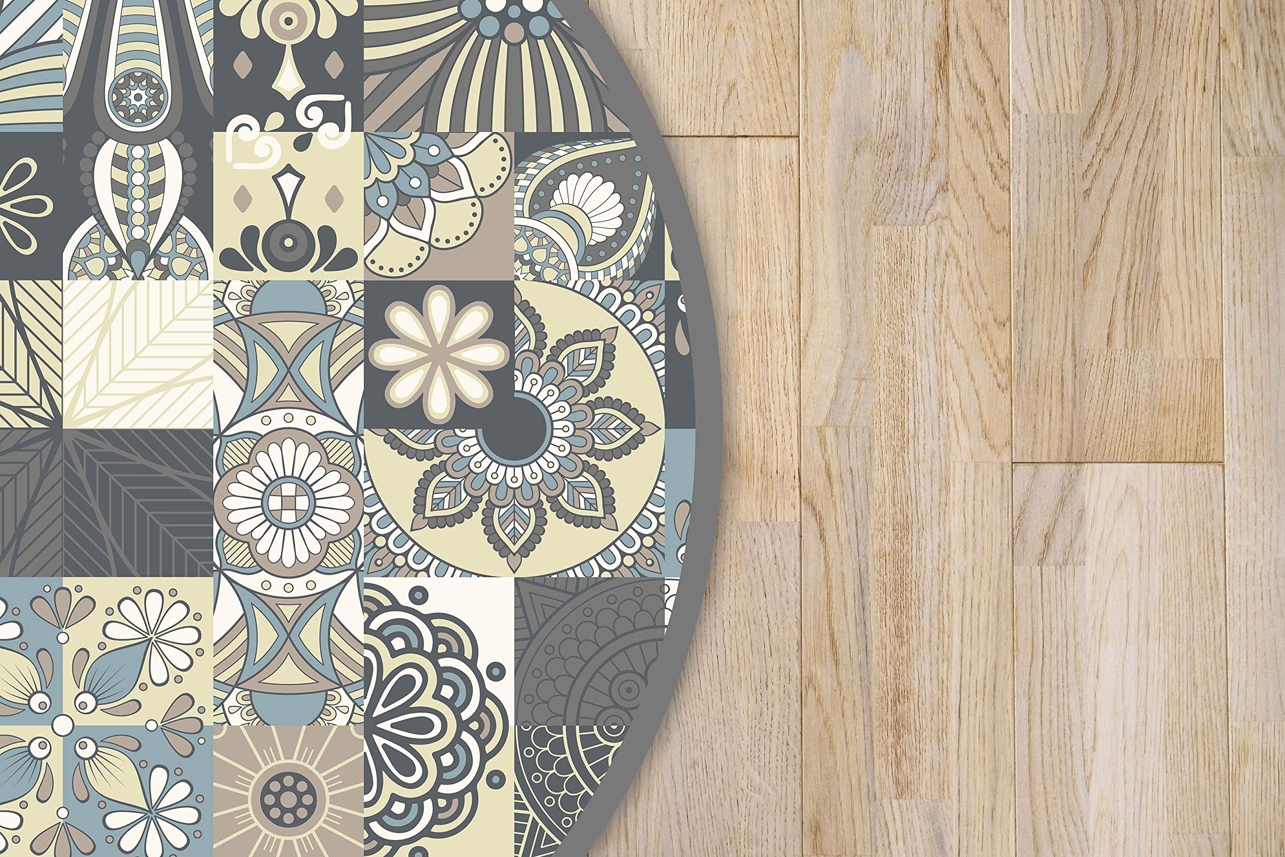Panorama Tapis Vinyle - Modèle Carreaux Ciments Bleu Rond 100x100 cm - Différentes Tailles - Deco Maison, Cuisine, Chambre et Exterieur