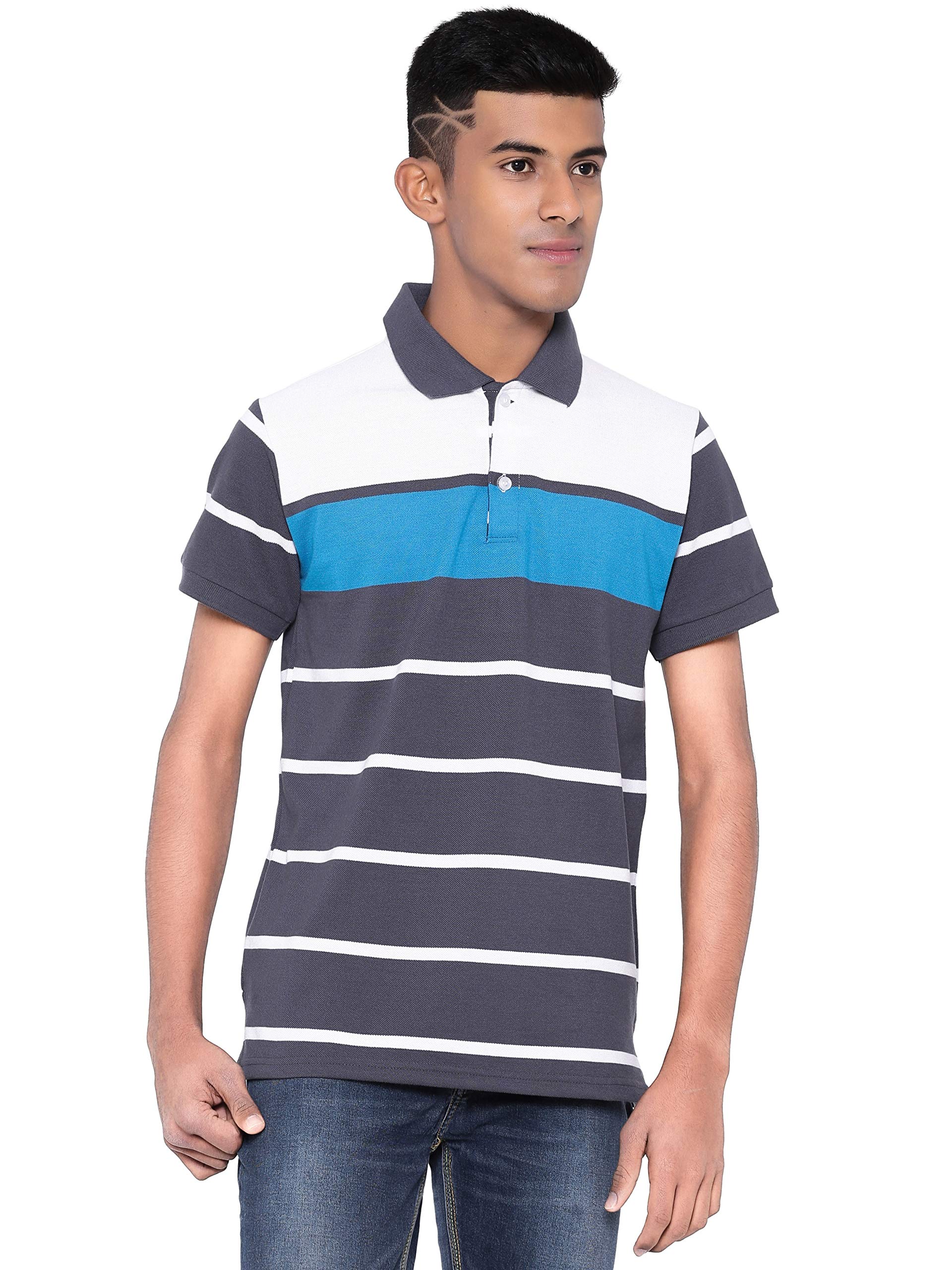 MAD TEEPolo Neck Striped Half Sleeve Black/Maroon/Grey T Shirt for Men's