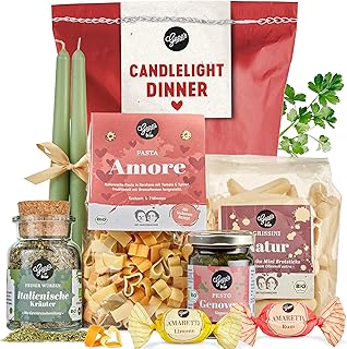 Gepp's Feinkost Candle Light Dinner Wundertüte I Geschenk mit Delikatessen wie Pasta in Herzform, Bio Pesto-Genovese, Italienische Kräuter, Grissini I Geschenkset