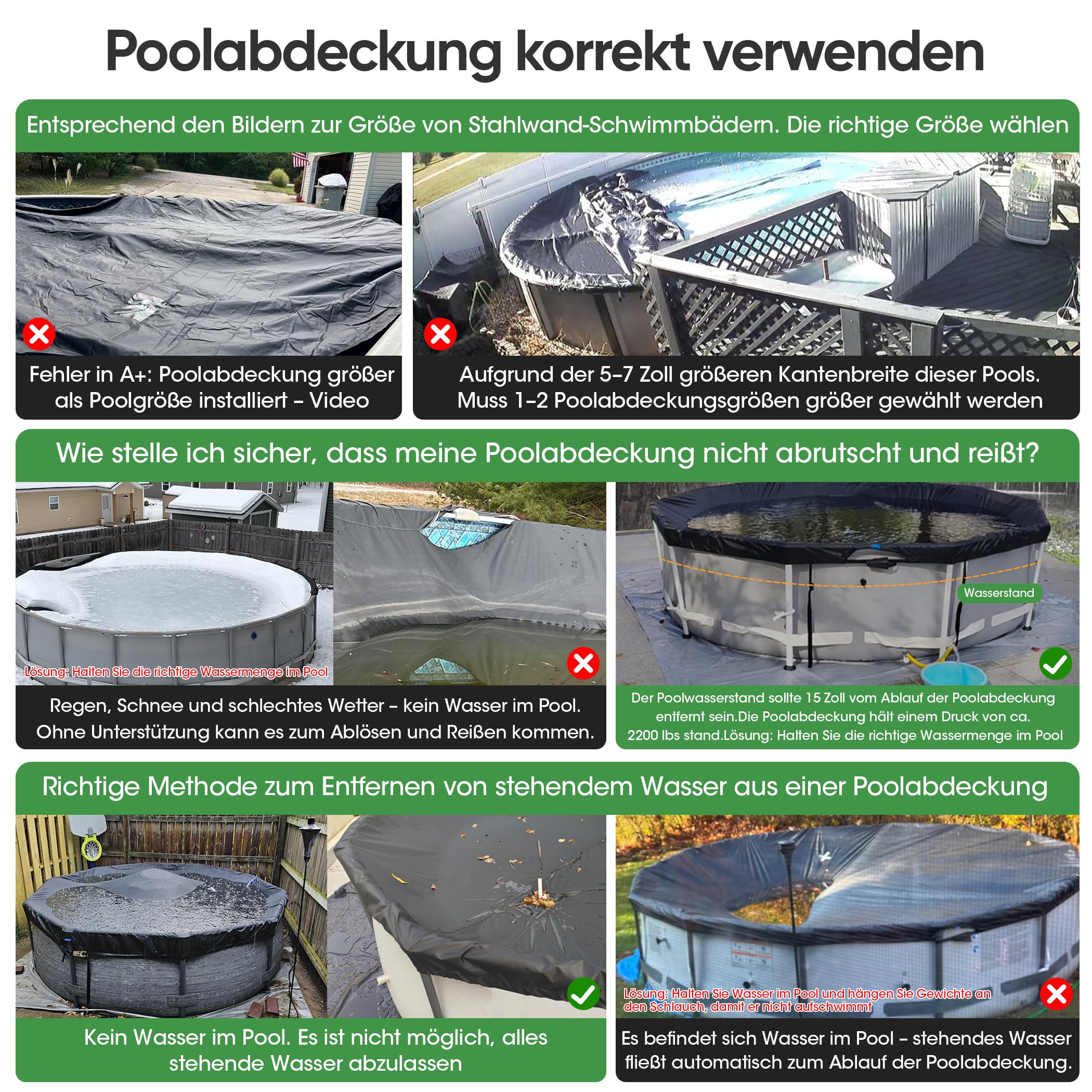 SIHAIAN Rundpoolabdeckung 305cm, Solar Poolabdeckung mit automatischem Abfluss für Aufstellpools, UV-Beständig, patentiertes einteiliges Spannsystem, verhindert Wasseransammlungen