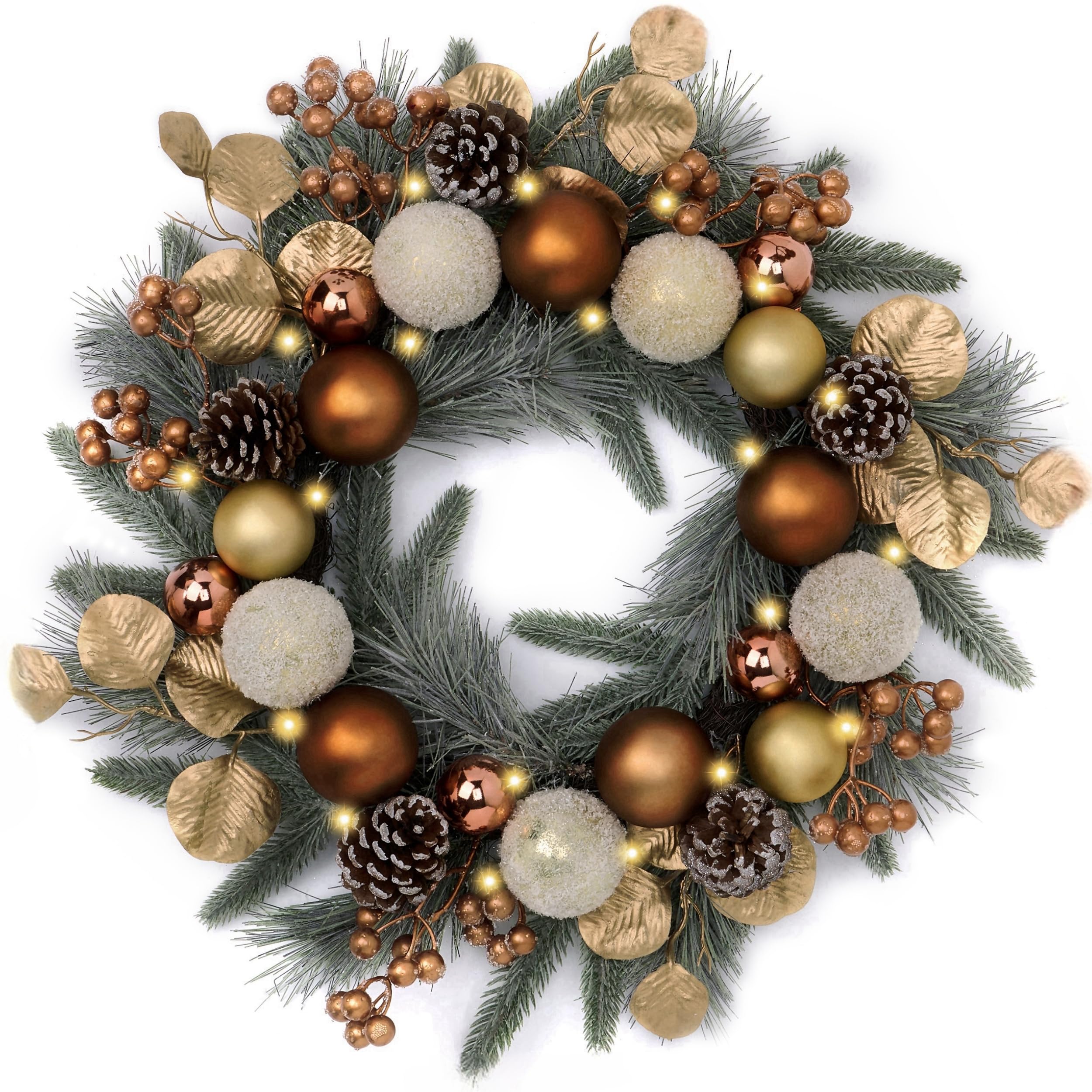 Valery Madelyn Couronne de Noël pré-éclairée de 50,8 cm pour Porte d'entrée avec lumières, Grande Couronne de Noël éclairée avec Boules de Noël en cuivre Bronze pour cheminée, fenêtre, Table