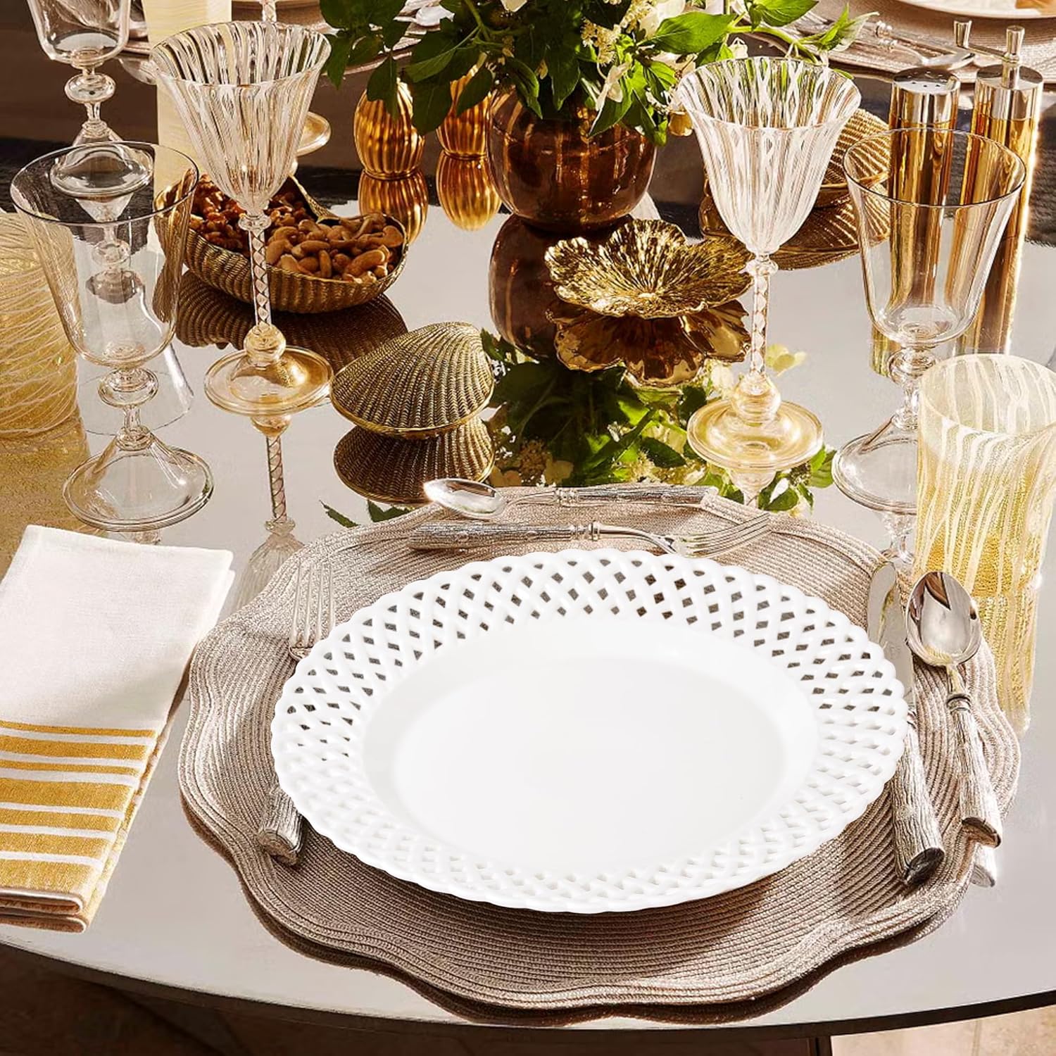 Large White Dinner Plates 12 inch, Ceramic Dinner Plates Set of 4, Basketweave Wide Rim Stackable Hotel Value Round Coupe Shape for Restaurant, Kitchen, Party, Home, Gifts, Microwave Dishwasher Safe