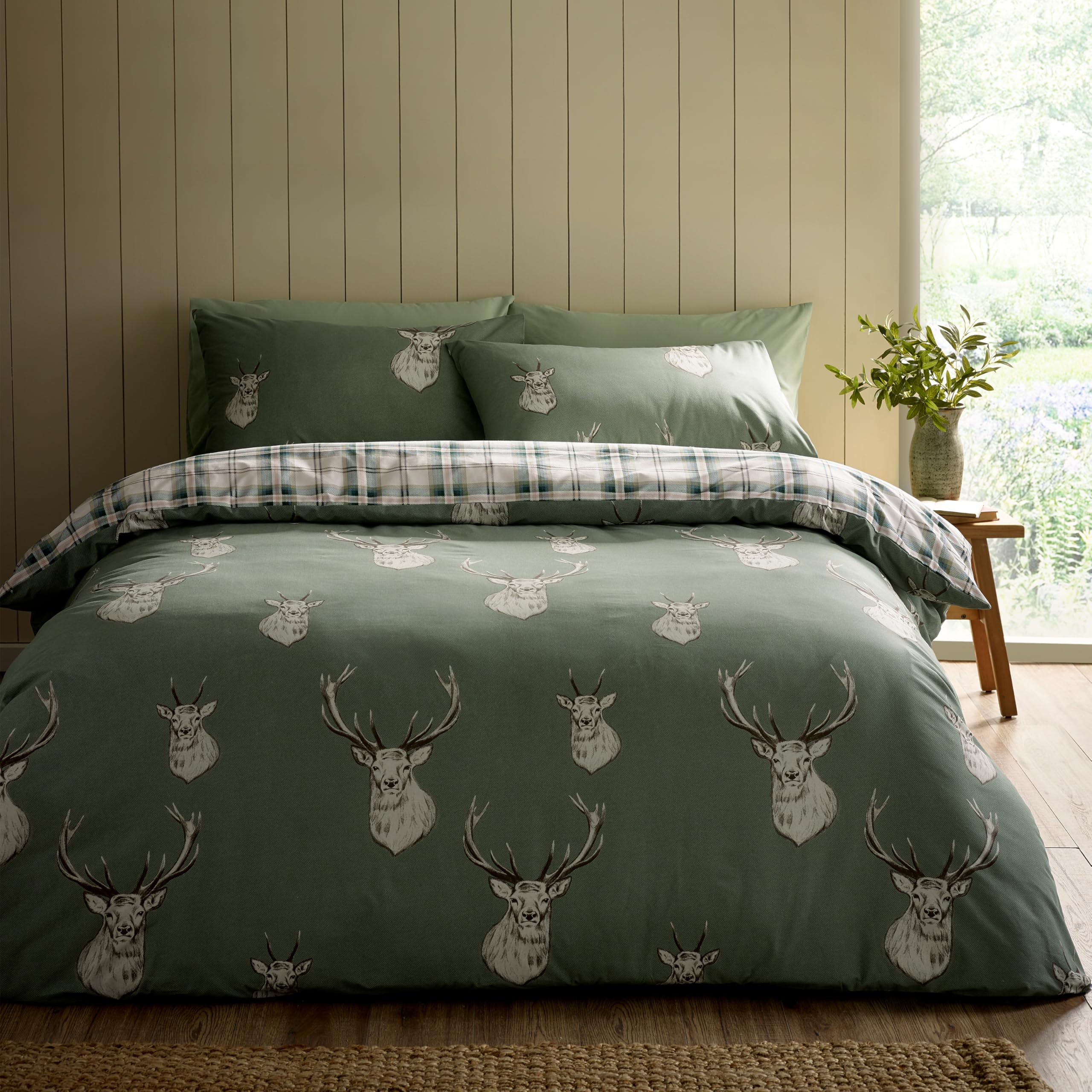 Rackhams Green Stag Check Reversible Duvet Cover Set Soft - Single - Soft