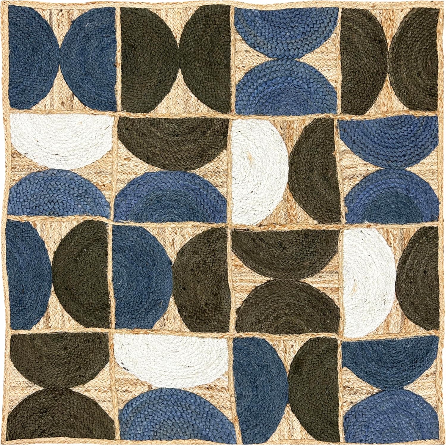 Heavy Material Handmade Jute Area Rug Natural Jute Kilim Rug 10x18 Thick 0.27" Geometric Blue & White Half-Moon Rugs for Living Room, Kids Room, Indoor Outdoor Carpet