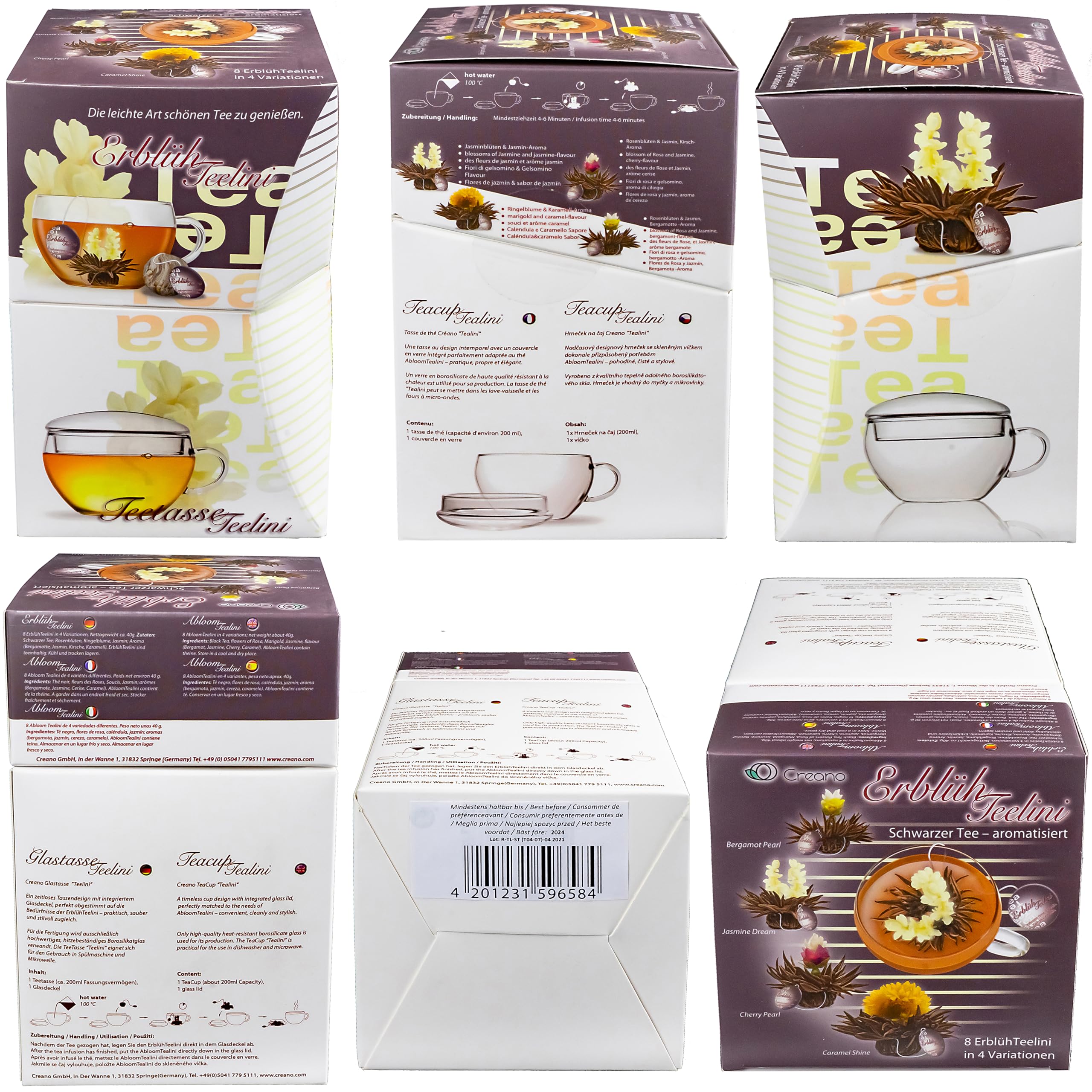 Creano Coffret Cadeau Teelini Noir – 8 Fleurs de Thé Noir en Portion de Tasse avec Tasse en Verre 200ml & Couvercle – Idée Cadeau Anniversaire, Collègue & Détente