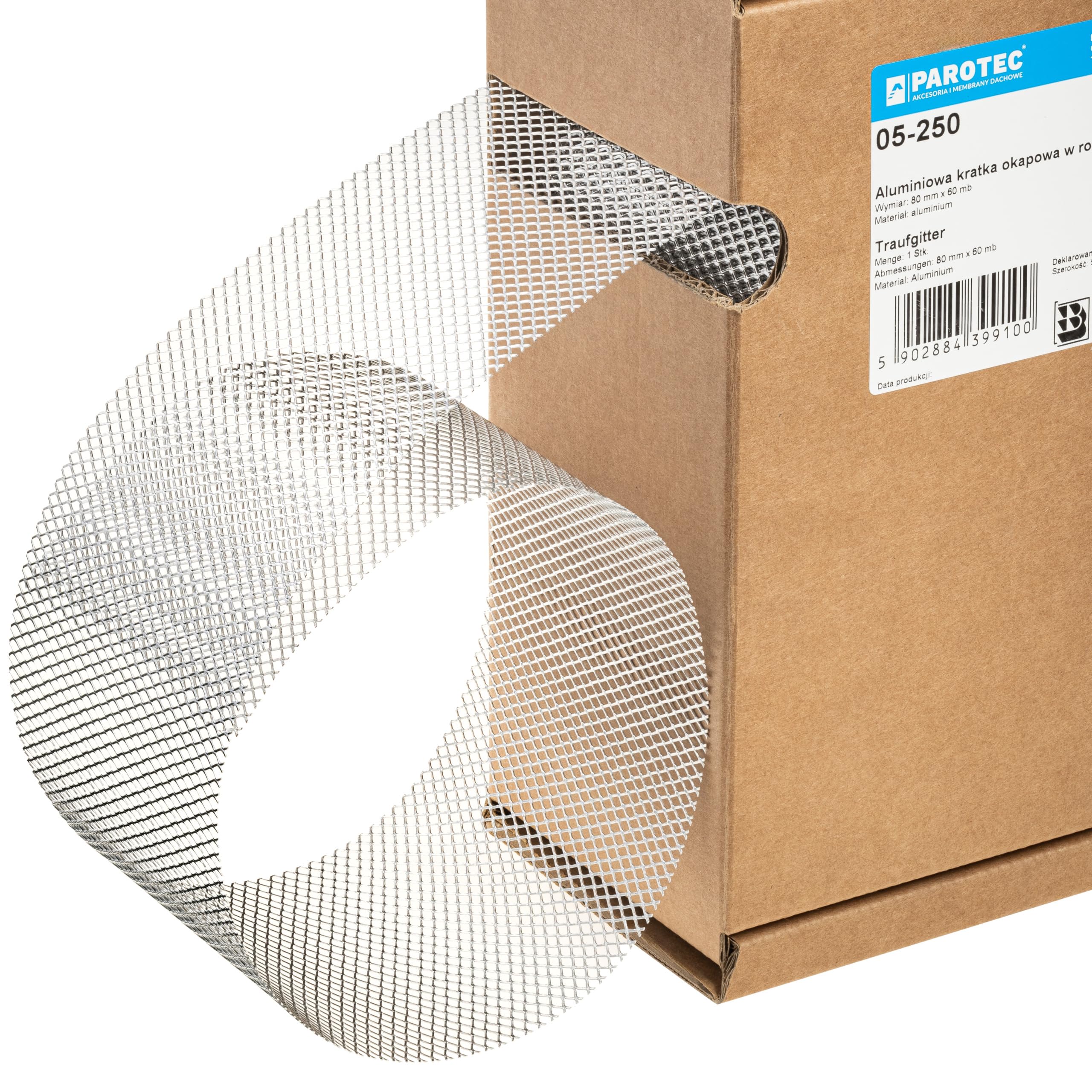 PAROTEC Rejilla de alero de aluminio en rollo - 80 mm x 60 m cartón – Banda de ventilación con perforaciones ovaladas – Protección contra insectos y animales – Para tejado y fachada – Uso profesional