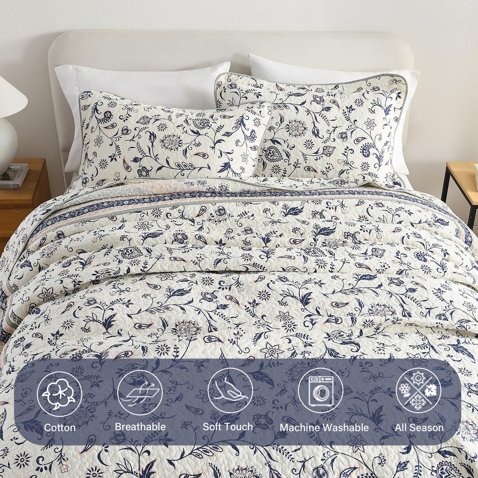 Copriletto California King Size Finlonte Botanical – 100% Cotone – Grigio E Blu Navy – 3 Pezzi (304x304 Cm + 2 Federe) - 4