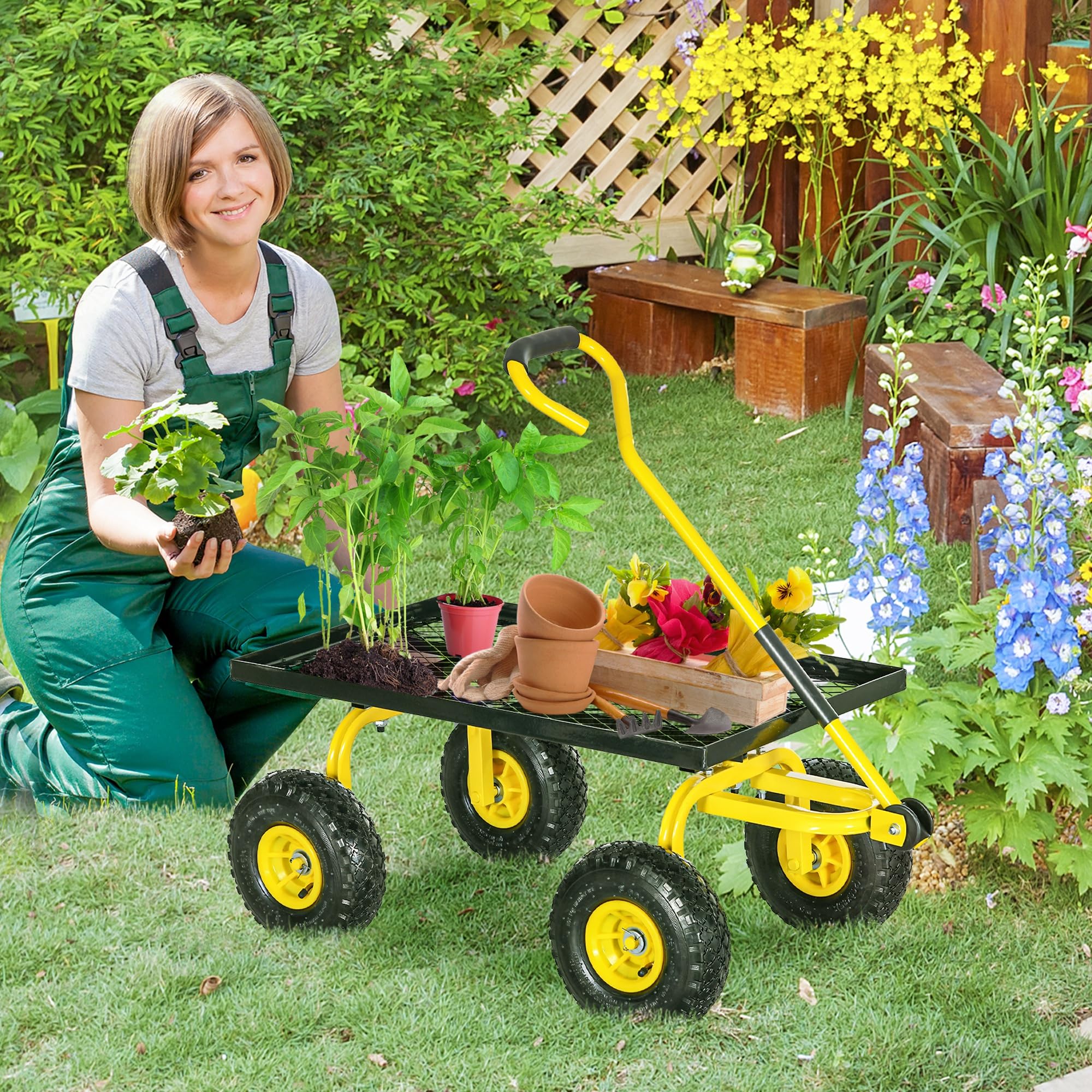 Outsunny Carro de jardín resistente estructura metálica Amarillo | Ruedas neumáticas 10", manija giratoria, capacidad 150kg, para granja