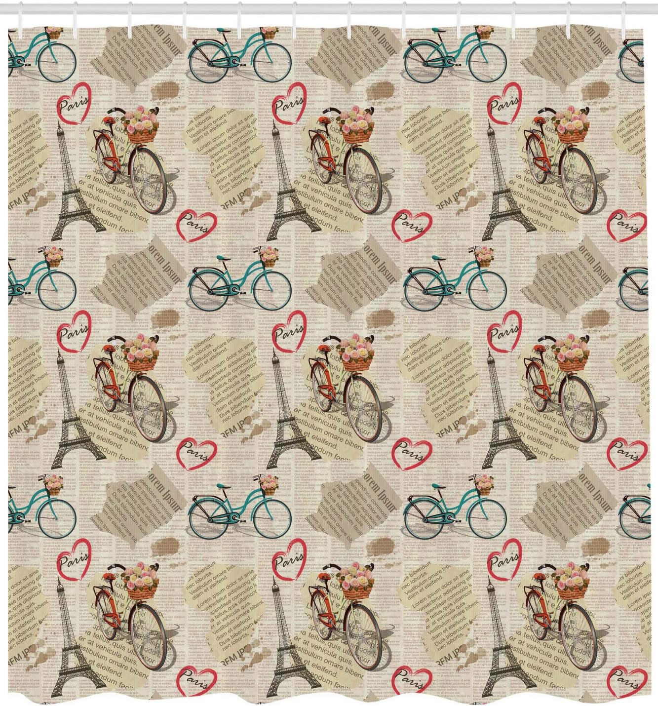Ambesonne Romantic Shower Curtain, Newspaper Vintage Retro with Paris Lettering in Hearts Art Print, Cloth Fabric Bathroom Decor Set with Hooks, 69" W x 84" L, White Black