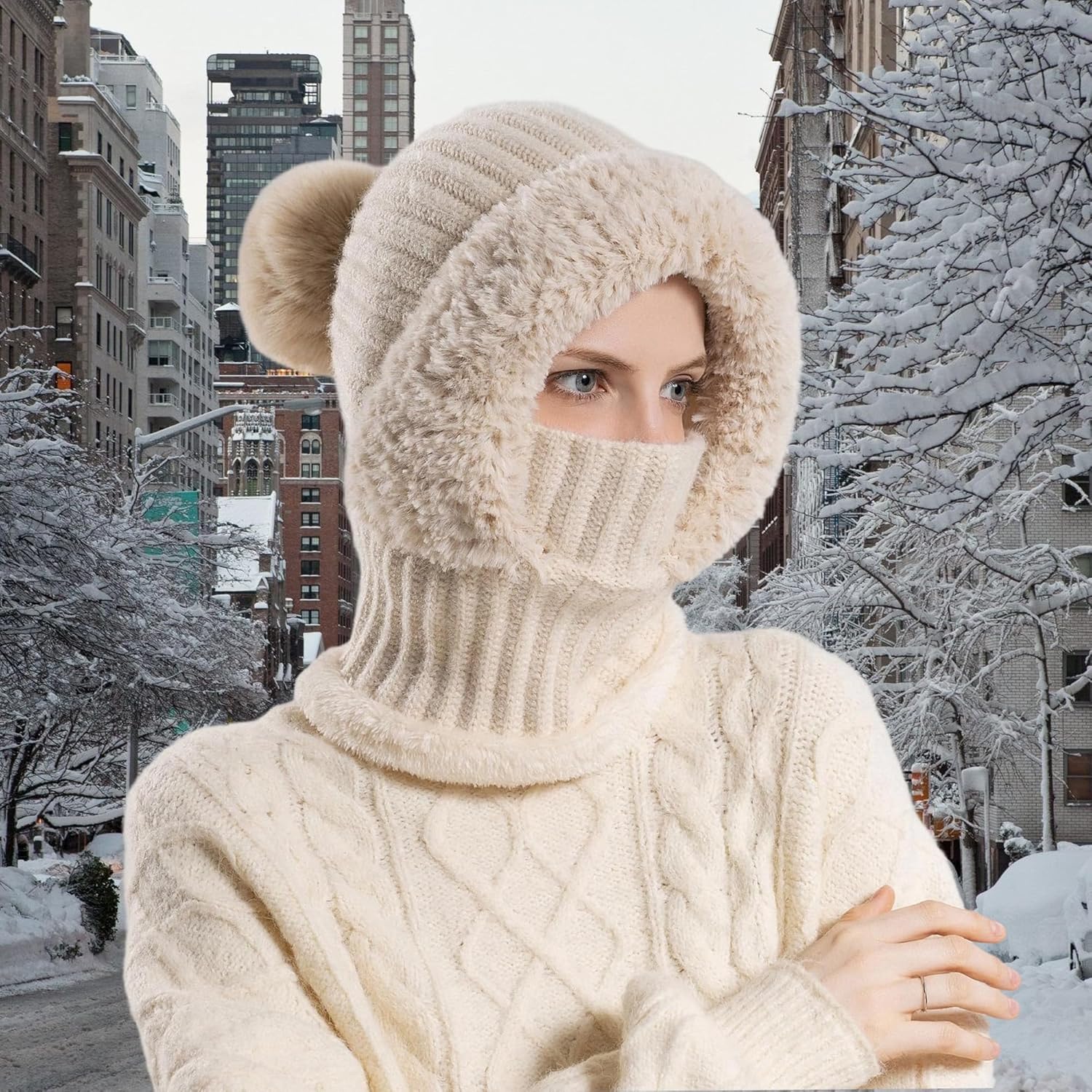 HUAMULAN Women Winter Beanie Hats One Piece Fleece Lined Knit Balaclavas Mask Set Skull Neck Circle Scarf Ski Snow Hat Pompom - Image 7