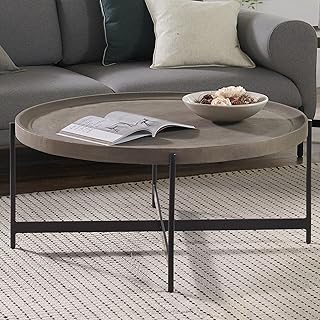 Alaterre Furniture Brookline 42-Inch Round Concrete-Coated Wood Coffee Table with Tray Top and Black Iron Legs – Industrial Farmhouse Living Room Accent Table with X-Frame Base