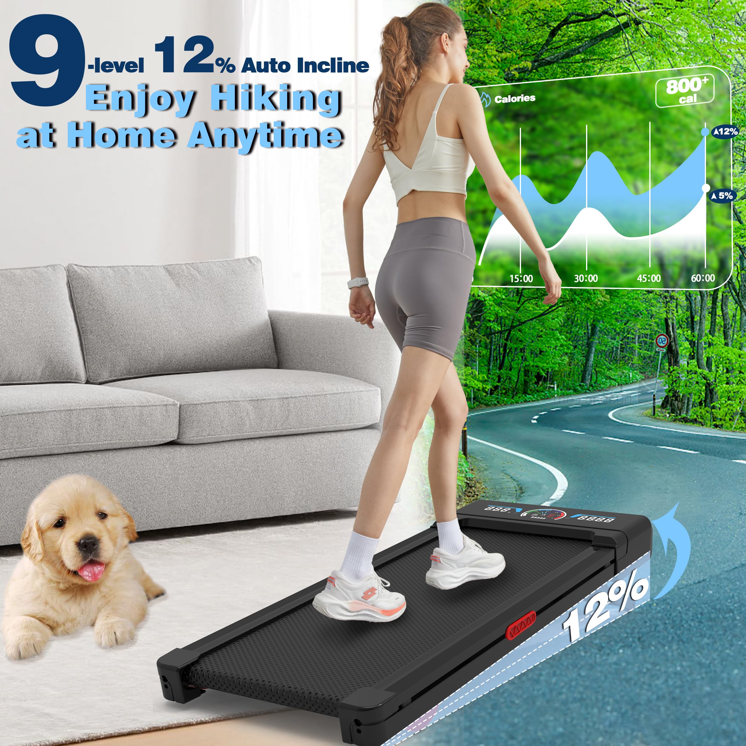 TRAILVIBER Walking Pad Treadmill with 12% 9-Level Auto Incline, 450 lbs Capacity RGB LED Screen, Bluetooth Speaker Under Desk Treadmill, Compact Treadmills for Home Hiking: Blue Black
