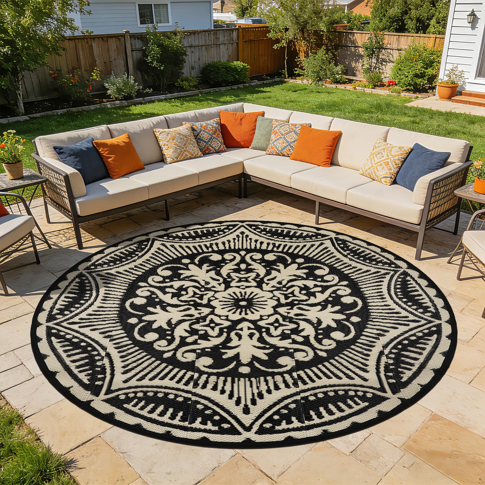 Capslpad Tapis d'extérieur rond - Diamètre : 240 cm - En plastique - Léger - Pour balcon, pique-nique, camping, jardin - Noir
