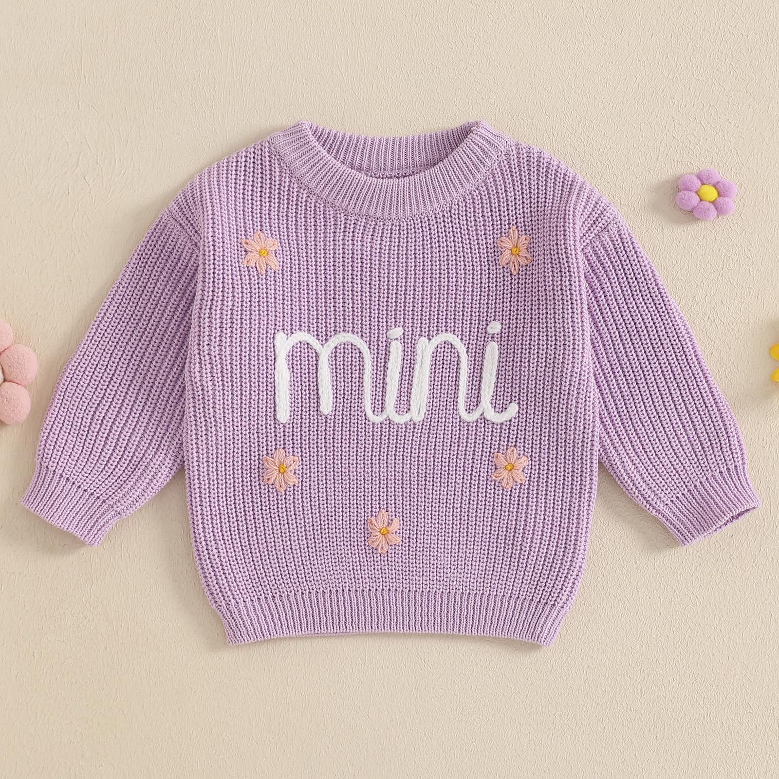 Baby Girl Sweater, Long Sleeve Crew Neck Letters Flower Winter Warm Knit Pullover Sweater Infant Clothes (Purple, 6-9 Months)