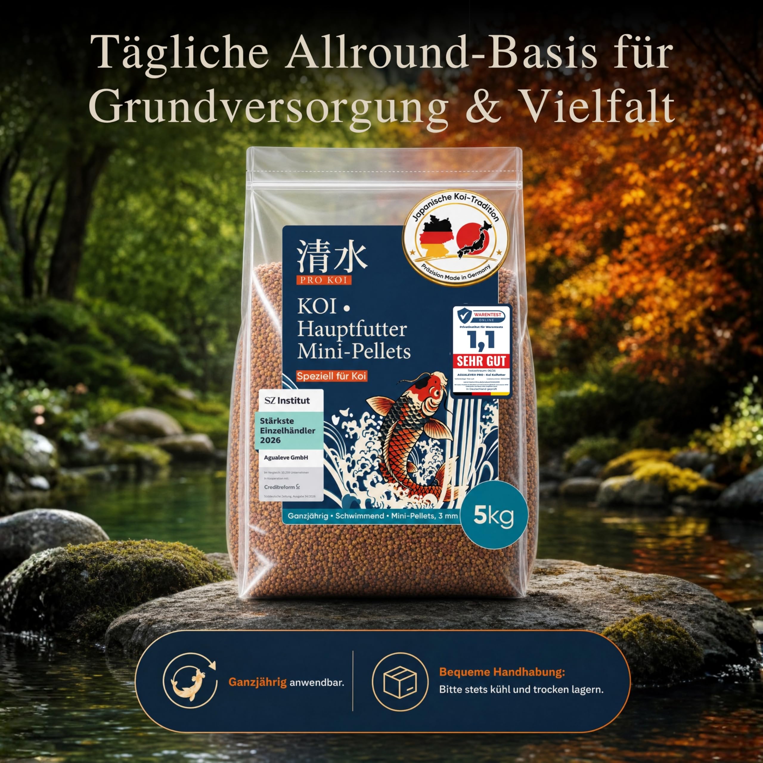 PRO KOI Hauptfutter Mini-Pellets 15 L (ca. 5 kg) – täglich | schwimmende Pellets 3 mm | für Koi | Basis & Farbe | Weizenkeim, Spirulina, Astaxanthin | Made in Germany