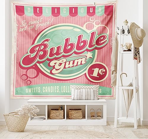 Miniatura 2 de Lunarable Tapiz retro, anuncio para tienda de dulces con fondo de rayas pastel diseño de los años ochenta, decoración de tela para colgar en la