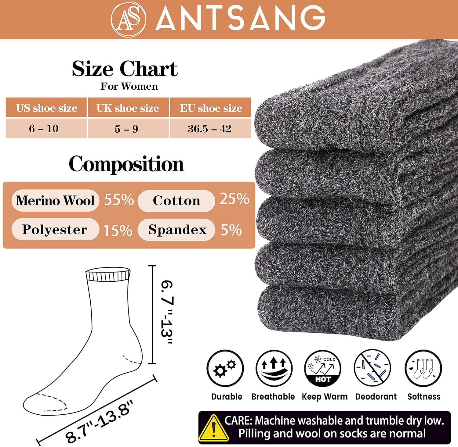 ANTSANG Merino Wool Socks for Women Hiking Thermal Warm Thick Winter Boot Crew Cozy Cabin Work Soft Ladies Socks 5 Pairs - Image 4