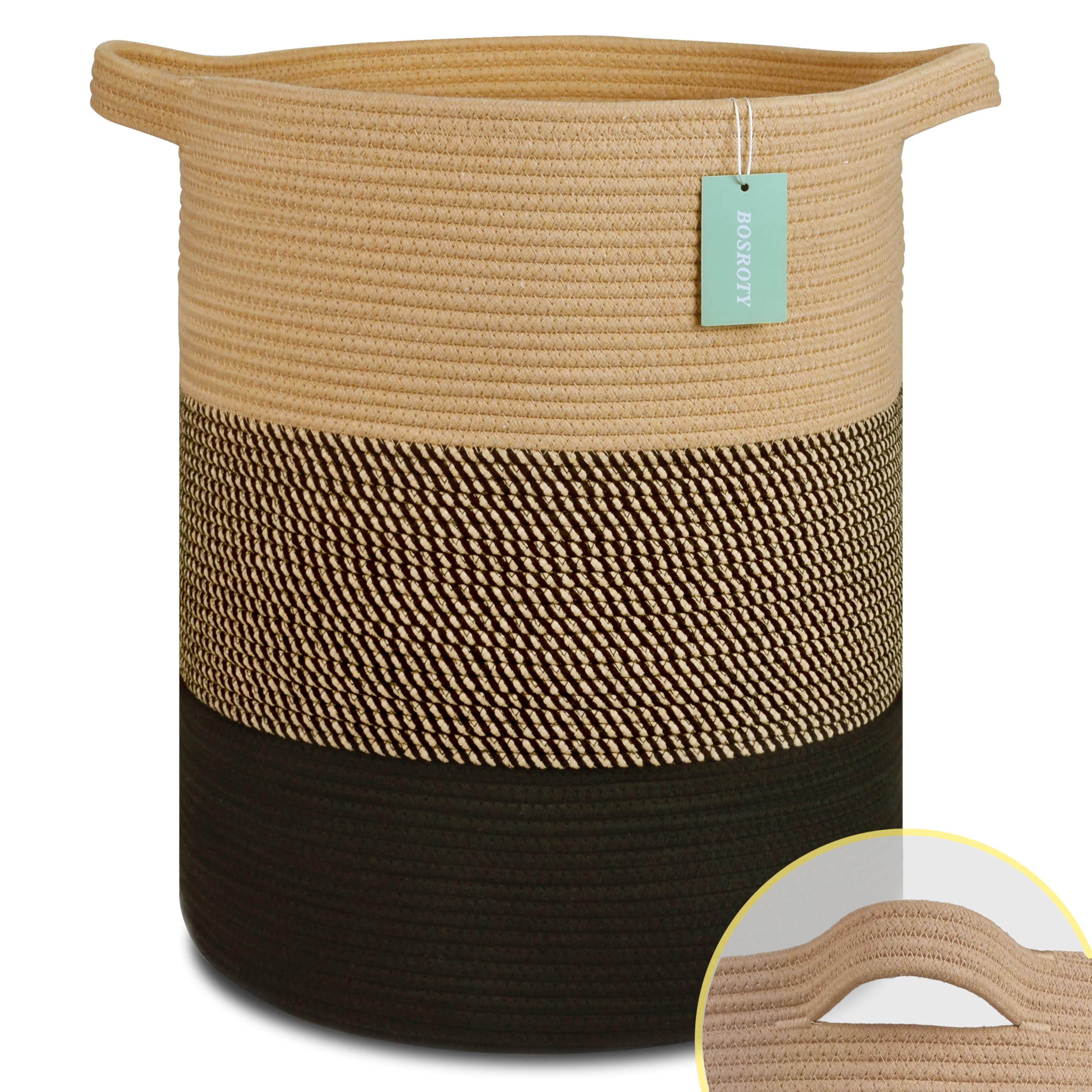 Cotton Rope Blanket Basket, 72L Tall Laundry Hamper, Brown &amp; Black