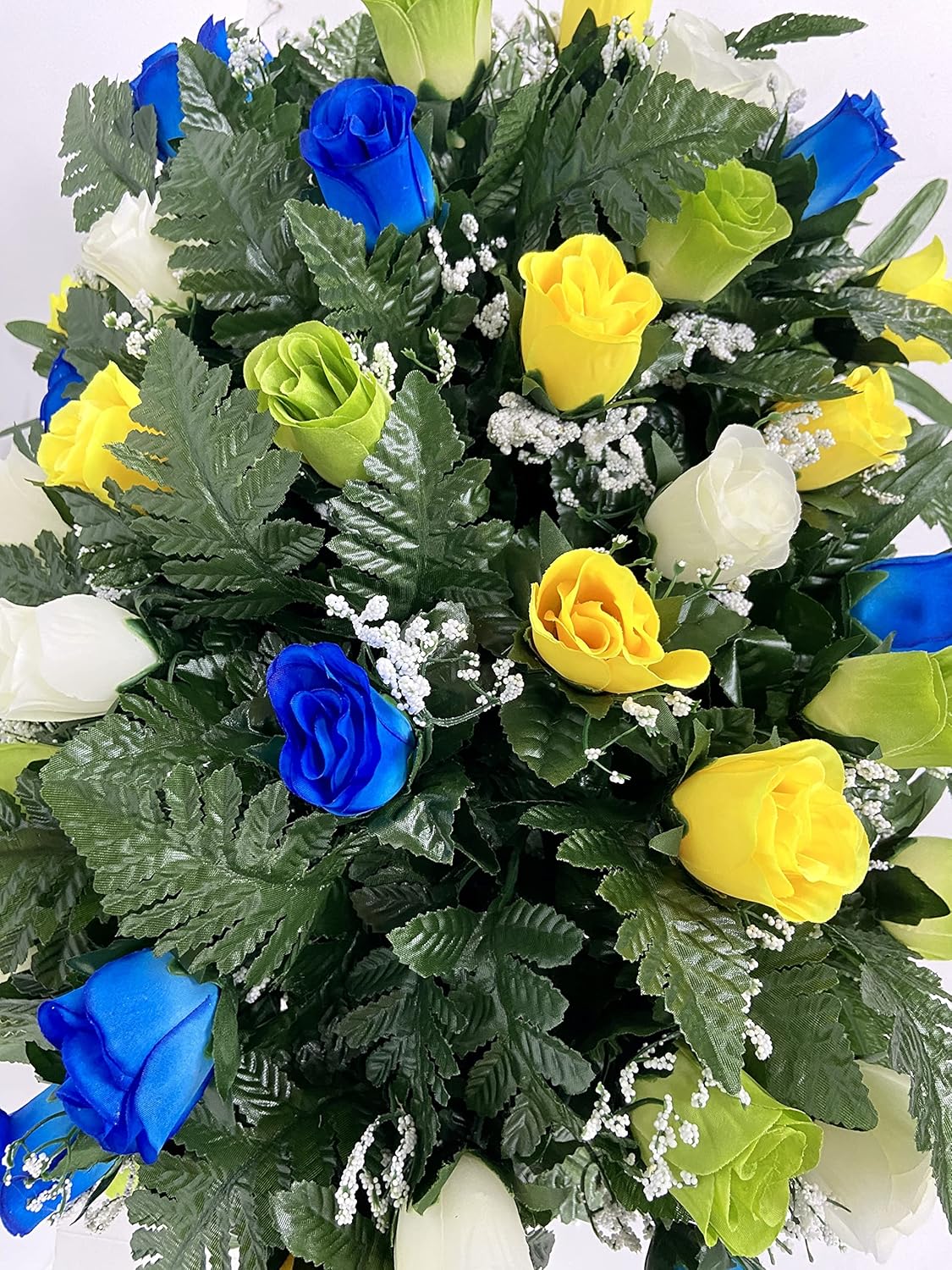 Cemetery Headstone Saddle Flowers for Grave Decoration, Blue, Green, and Yellow Roses with baby's Breath, Sympathy Memorial Arrangement