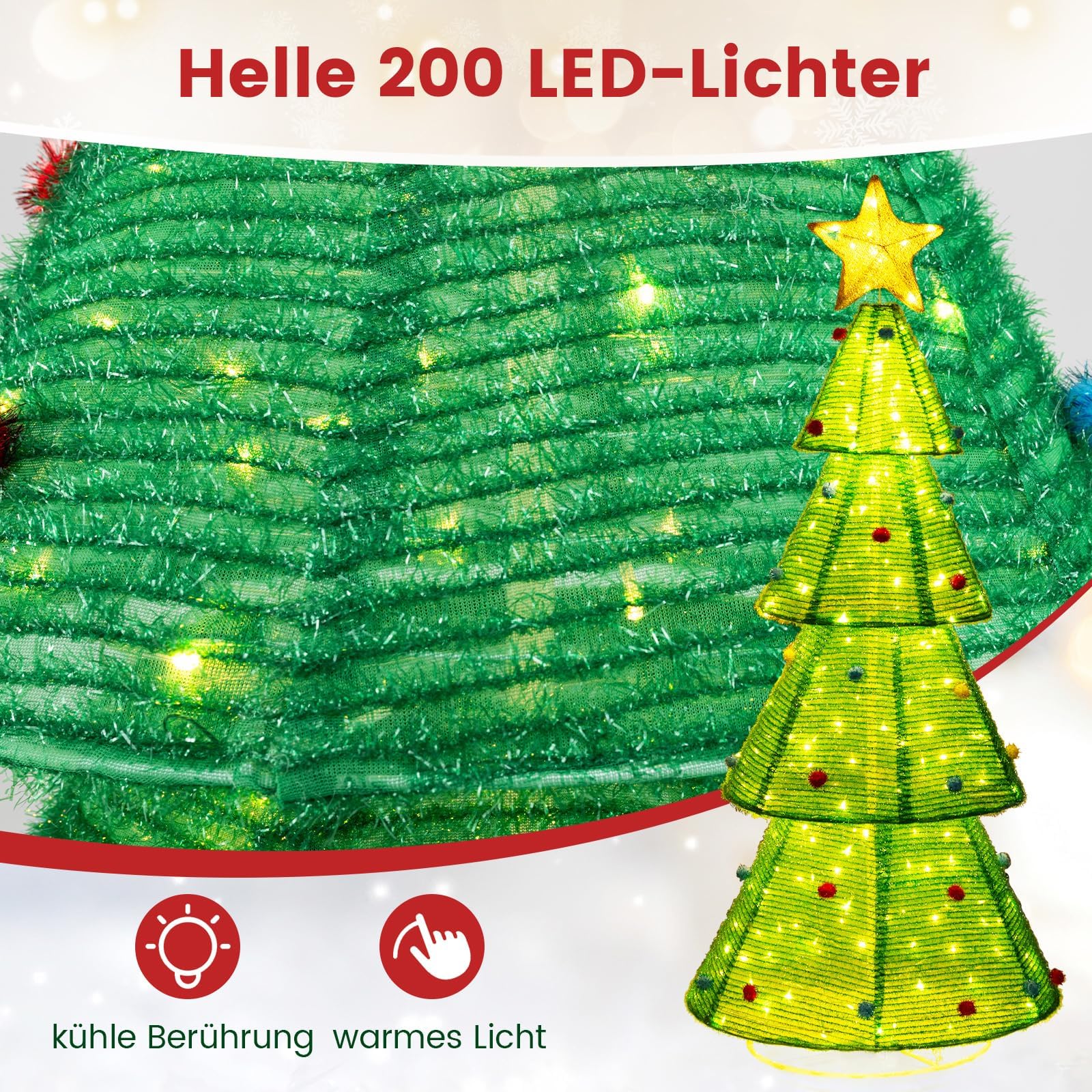 COSTWAY LED choinka, 190 cm oświetlona dekoracja bożonarodzeniowa z 200 diodami LED, dekoracja świąteczna z gwiazdą i pluszowymi kulami, oświetlenie bożonarodzeniowe do wnętrz i na zewnątrz