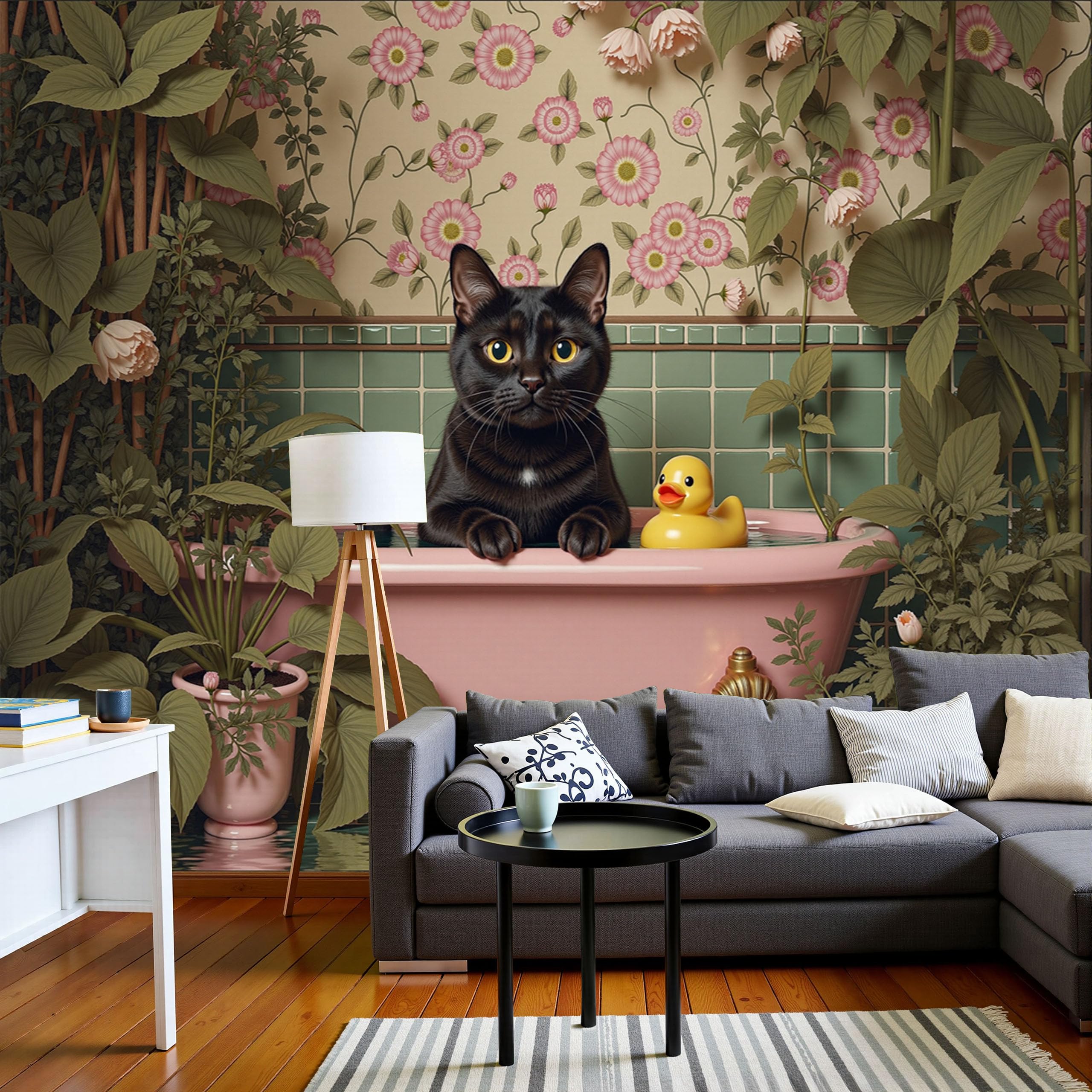 Baignoire vintage pour chat peinte sur une fresque murale rose