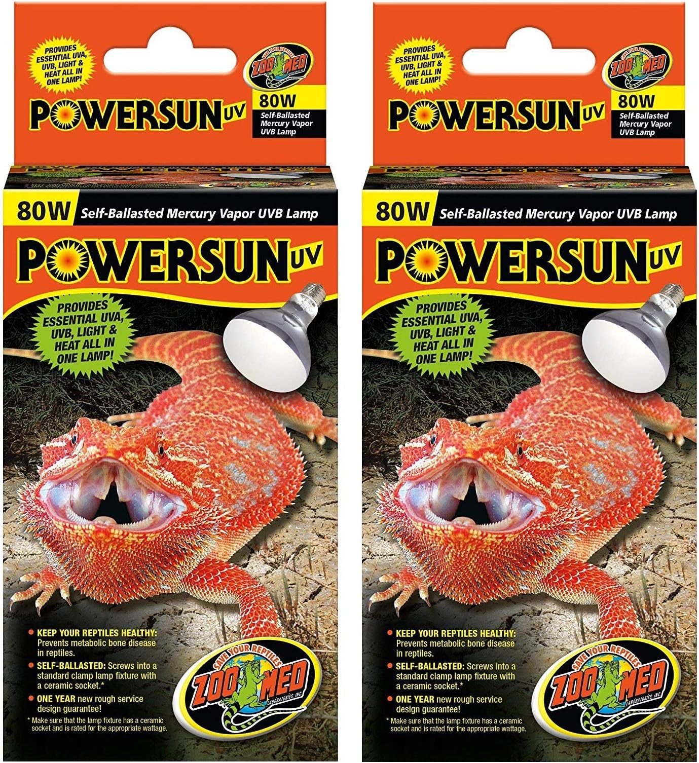 2 Pack of PowerSun UV Reptile Bulbs, 80 Watts, Self-Ballasted Mercury Vapor UVB Lamp2
