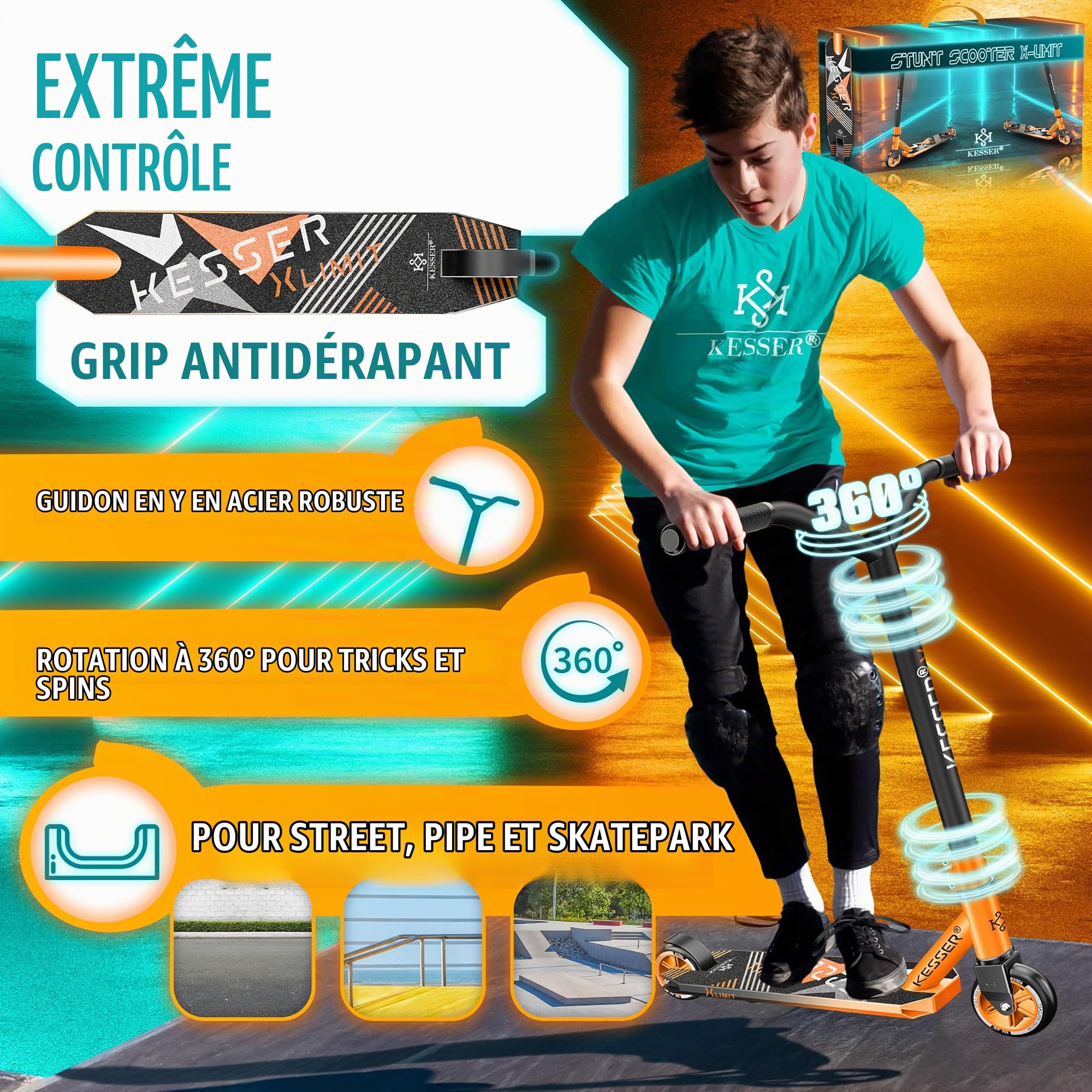 KESSER® Trottinette Freestyle | Trottinette Freestyle X-Limit | Direction à 360° | Roulements à Billes ABEC 9 de 100 mm | Roues en polyuréthane | Robuste | Orange