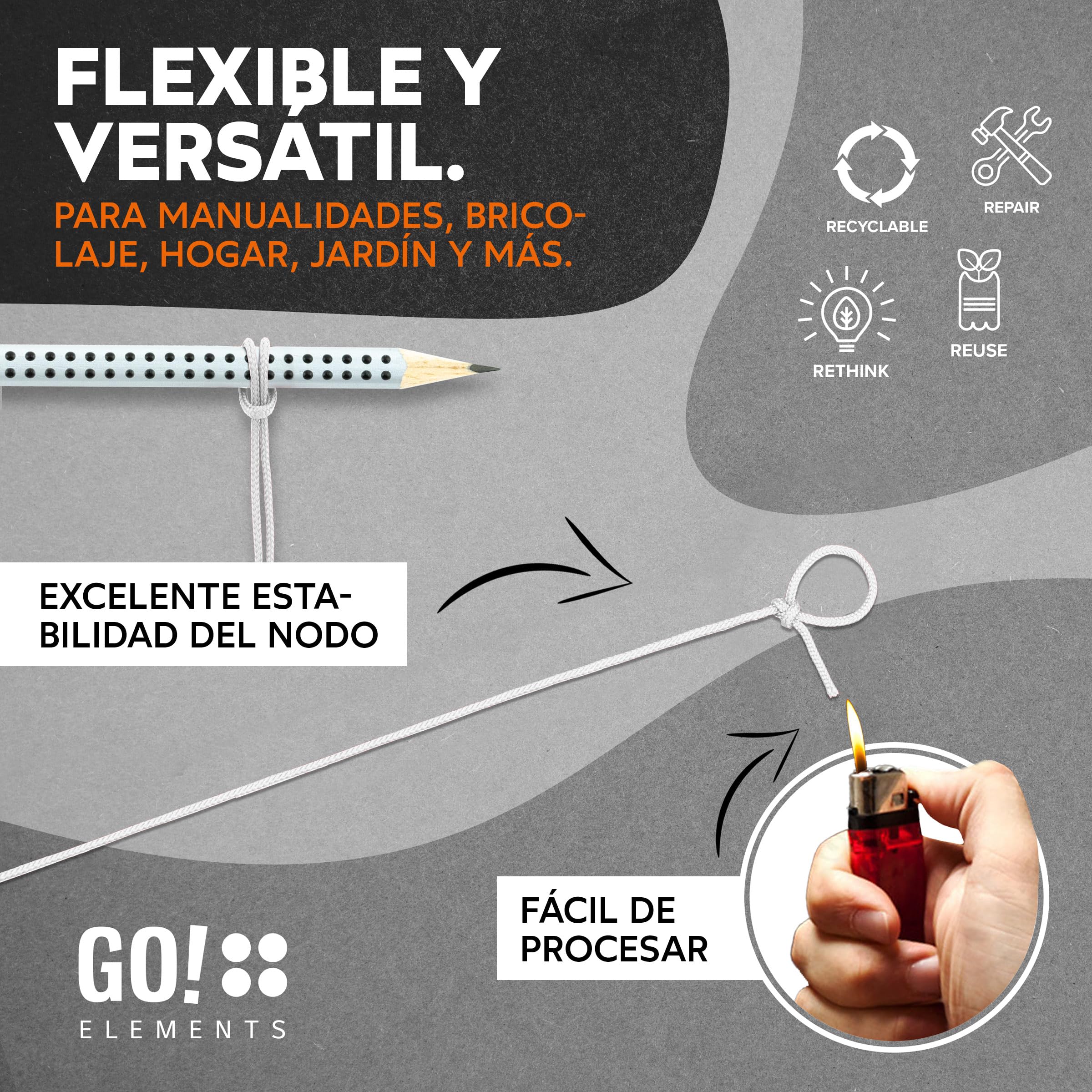 GO!elements Nano Cord | Cuerda de albañil | Filigrana, delgada y extremadamente estable | Cuerda de nylon 100% | ø 0,75 mm - Sin núcleo - Max. 16 KG - Resistente a la rotura | Cuerda para DIY, camping