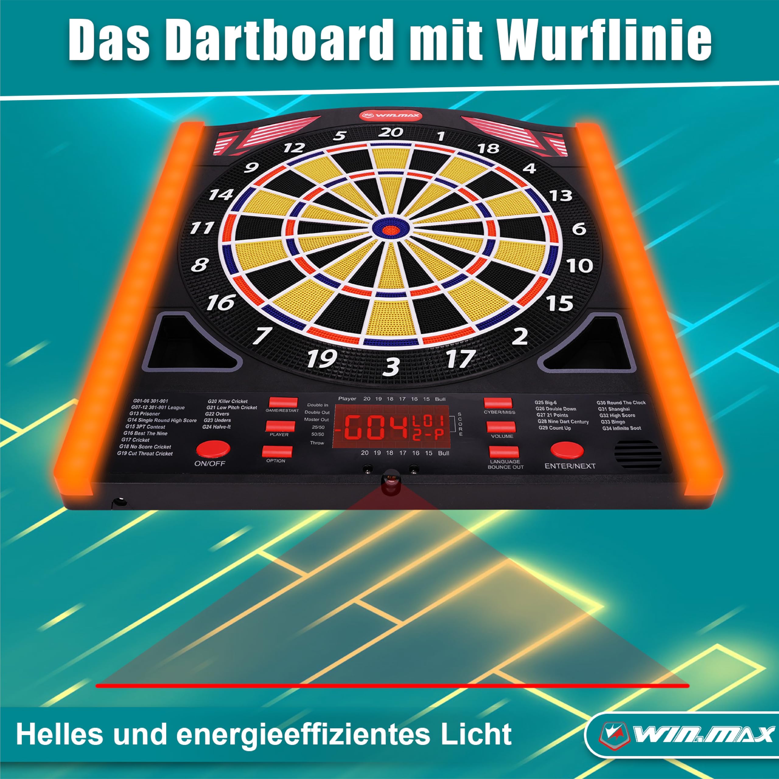 WIN.MAX Elektronische Dartscheibe Profi Set mit Laser Throw/Toe Line Marker mit Deutsche Stimme-Geeignet für Batterien/Adapter für 1 bis 8 Spieler mit 12 Darts
