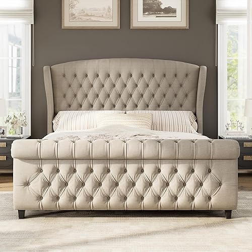 Miniatura 14 de AMERLIFE - Marco de cama tamaño King con plataforma, cama de estilo trineador tapizada en terciopelo con cabecero y pie de cama con alas onduladas y