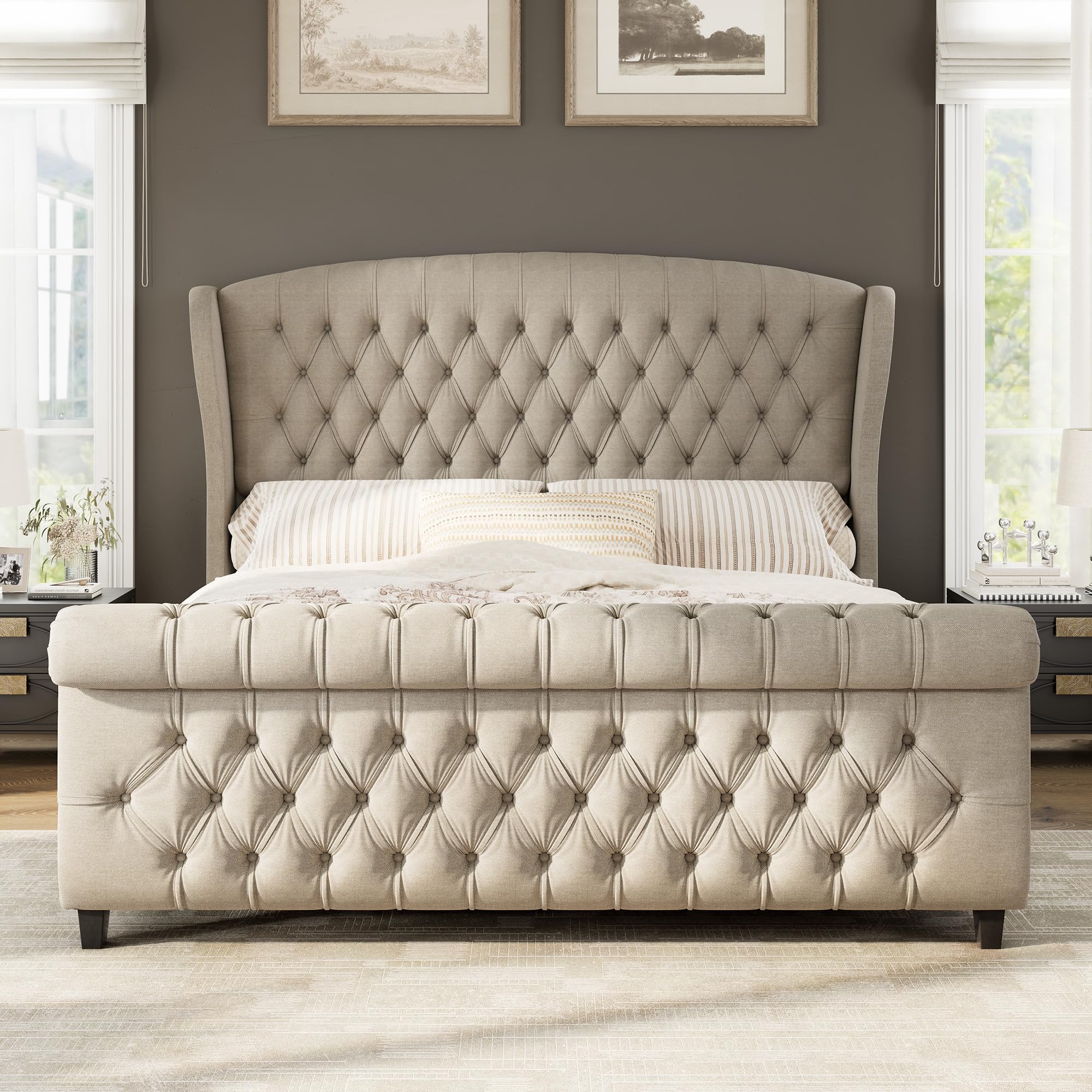 AMERLIFE California King Upholstered Sleigh Bed Frame with Headboard