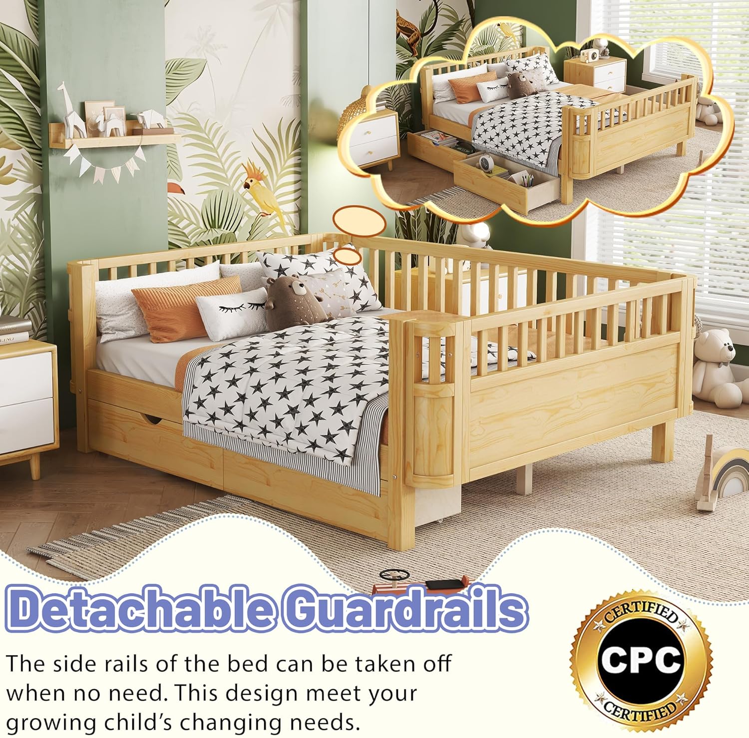 Full Size Bed Frame for Kids with Rails, Montessori Bed with Storage Drawers, Low Profile Platform Beds with Pine Wood Frame for Boys and Girls, Natural