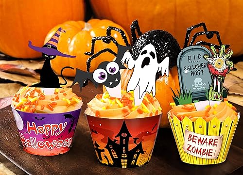 Miniatura 7 de 164 envoltorios para cupcakes de Halloween, tela de araña, calabaza, zombi, tartas de mano, suministros de decoración de fiesta
