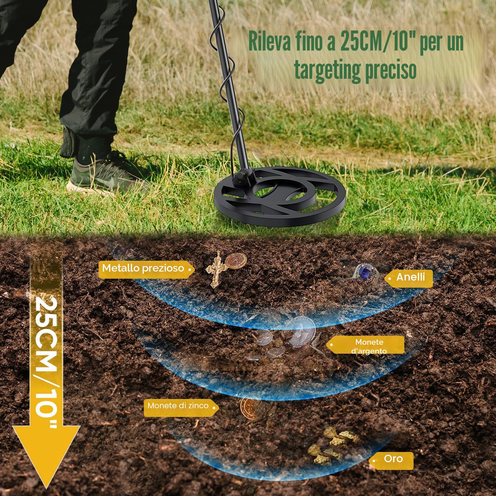 Metal detector, lunghezza regolabile 113 cm-141 cm, 5 modalità, metal detector professionale con display LCD, bobina di ricerca impermeabile IP68 per adulti e bambini