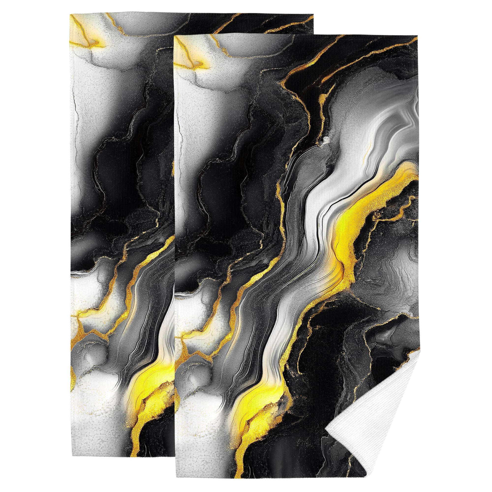 Fopoer Black Gold Grey Marble Hand Towels for Bathroom 14x28 Inch, Abstract Modern Decorative Bath Towels Set of 2 for Farmhouse Gym Kitchen Hotel