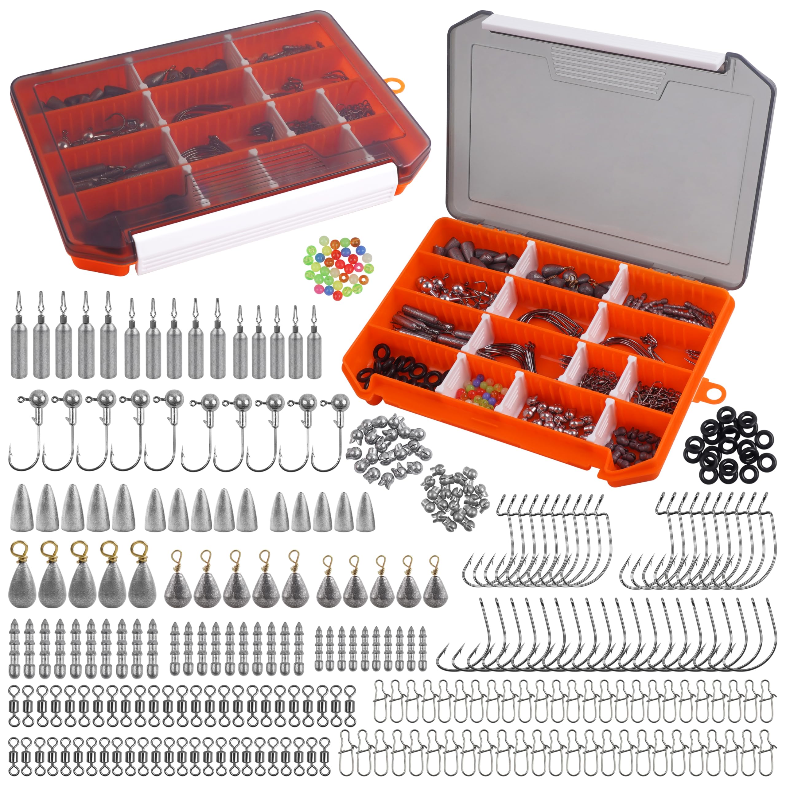 Kit d'accessoires de pêche 345 pièces, boîte de matériel de pêche avec tête plombée, hameçons, plombs, émerillons, perles, équipement de pêche pour bar, truite, eau salée et eau douce