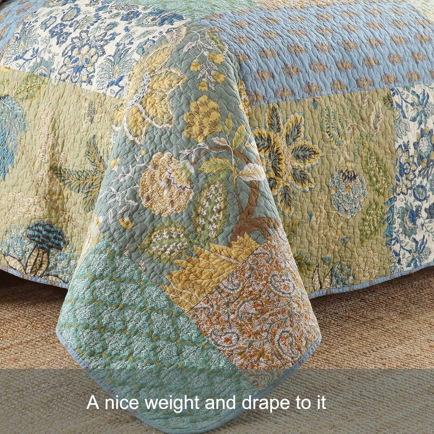 DECMAY Quilt Set Queen Size,100% Cotton Quilted Bedspread Reversible Patchwork Queen Comforter Set, Lightweight Boho Bedspreads Coverlets Quilt Bedding Set with 2 Pillowcase for All Season,Sage Green | queen comforter set, queen bedding set, quilt queen size, bedspread queen size, boho bedding