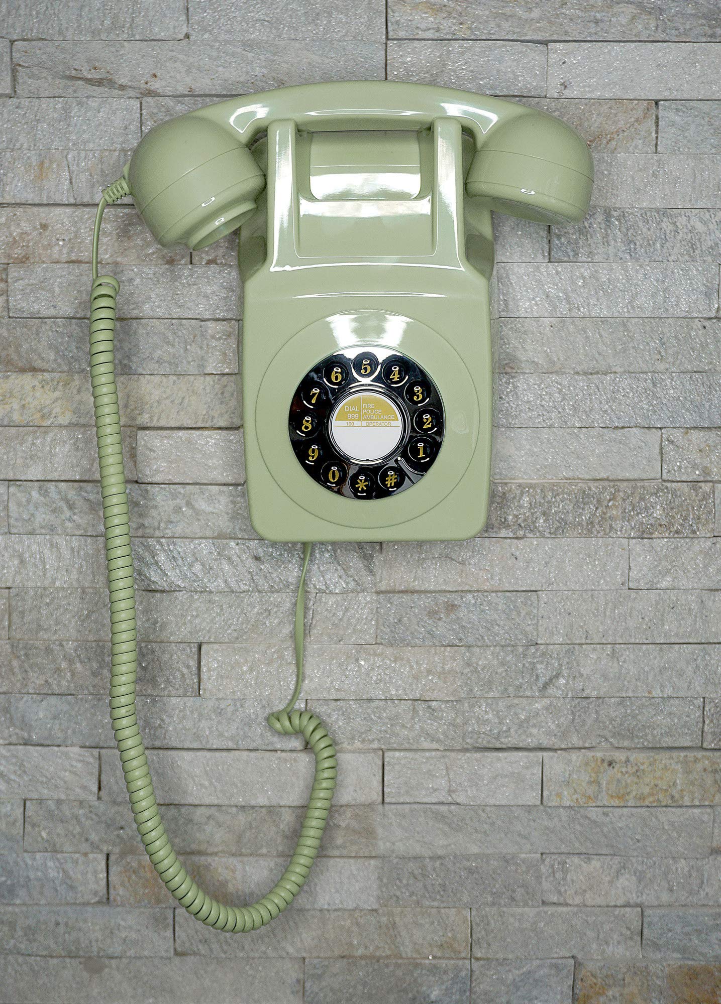 GPO 746 Wall-Mounted Push-Button Retro landline Phone - Curly Cord, Authentic Bell Ring (Green)
