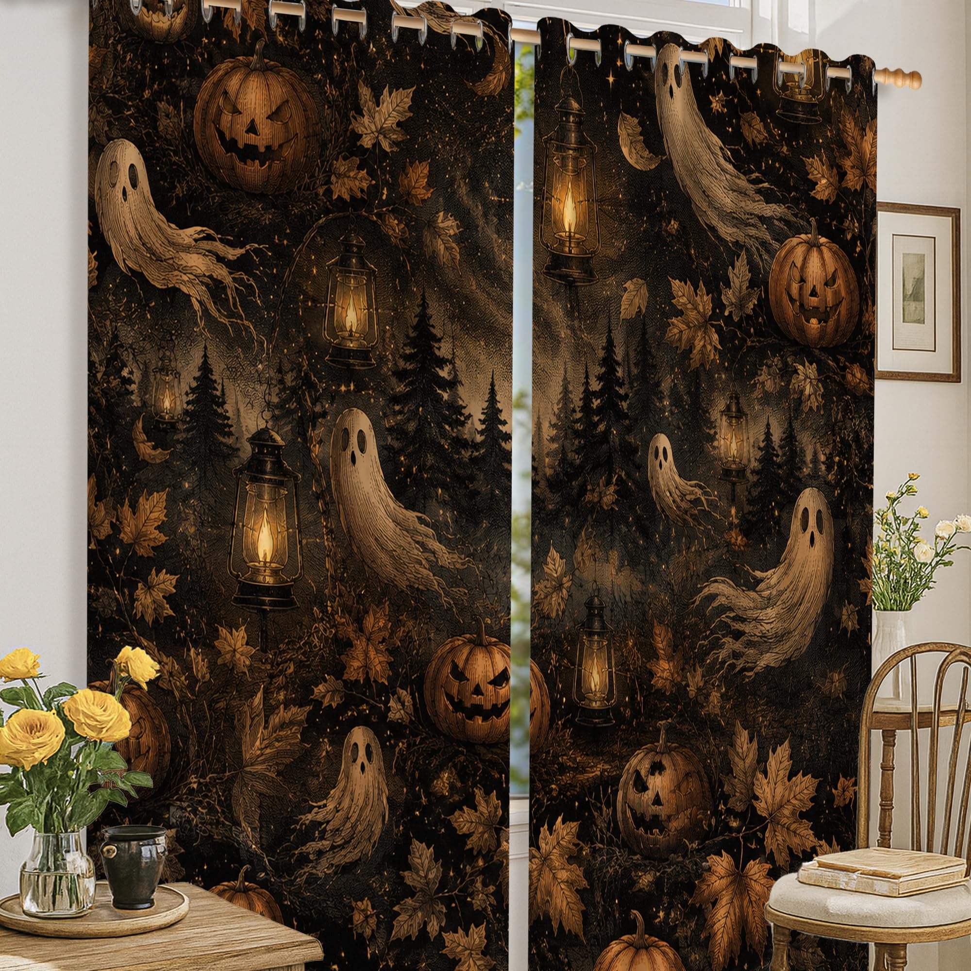 Rideaux occultants Halloween citrouilles et fantômes noirs pour salon, 132x160cm