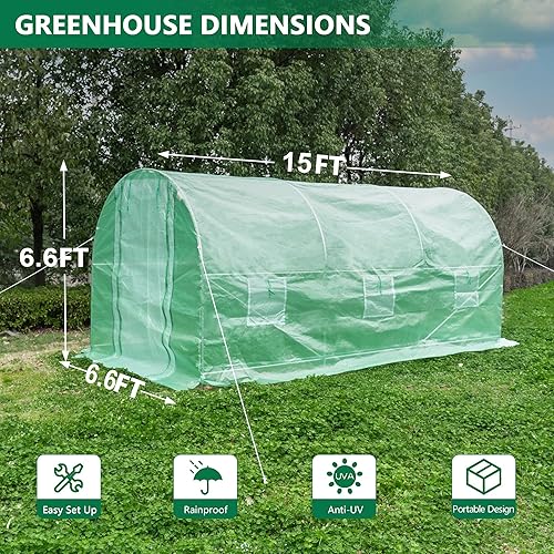 Miniatura 4 de STMHOM 15 x 6.6 x 6.6 pies gran paseo en invernadero resistente al aire libre, planta de jardín casa caliente, túnel de invernadero con cubierta de