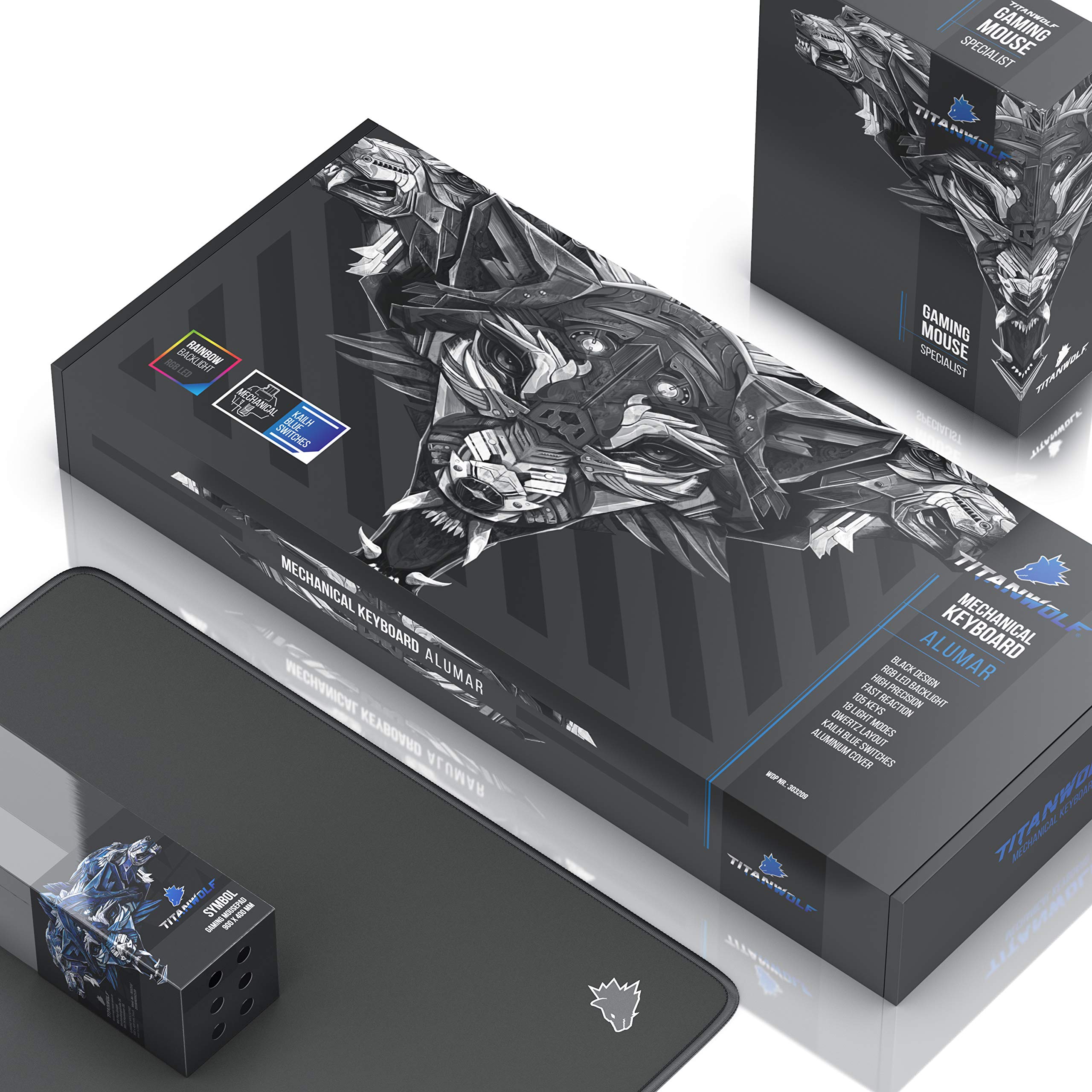 Titanwolf Gaming Set - mechanische Tastatur ALUMAR MMO 10800dpi Gaming Maus Specialist XXL Mauspad Symbol - Mechanical Keyboard - Anti-Ghosting - LED Backlight - 19 Lichtmodi - Makro-Modus