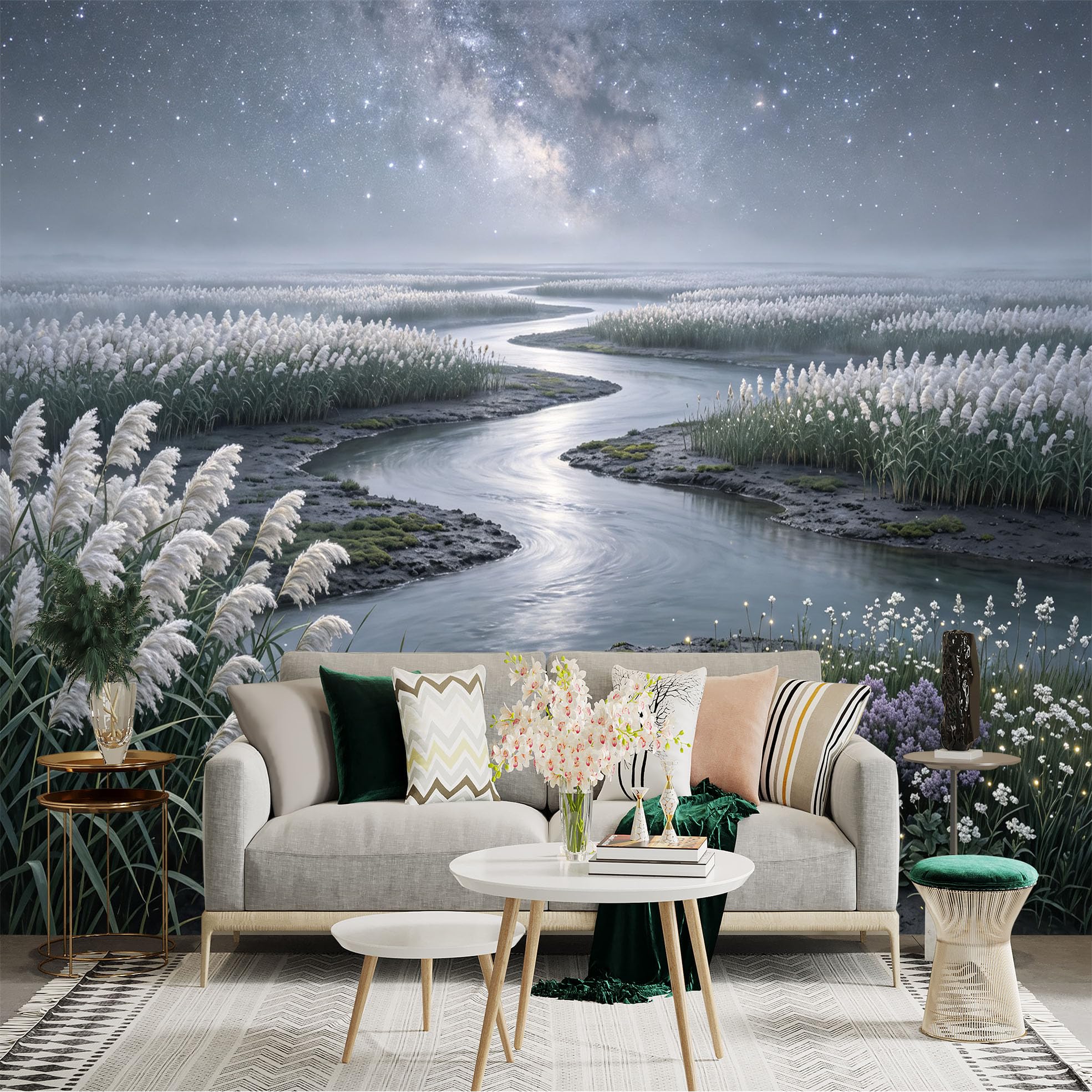 Lnzczhyre Bh260719394 Custom Size Wall Sticker Mural， Winding River， Reeds In Moonlight， Milky Way Night Sky， Scenic Nature Landscape， For Wall Decoration， Peelandstick Wall Decals.