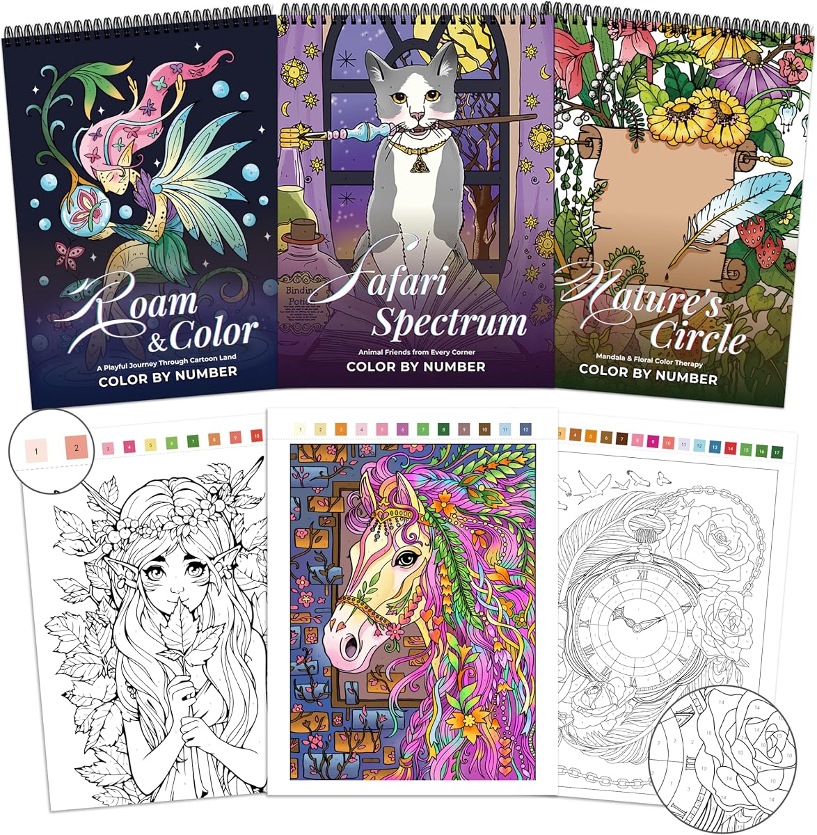 TOYSKY Libro de colorear para adultos Color por número, juego de 3, libros para colorear encuadernados en espiral para adultos, relajación con 60 diseños de mandalas, animales y florales, guía de colores fácil para aliviar el estrés, regalo para mujeres
