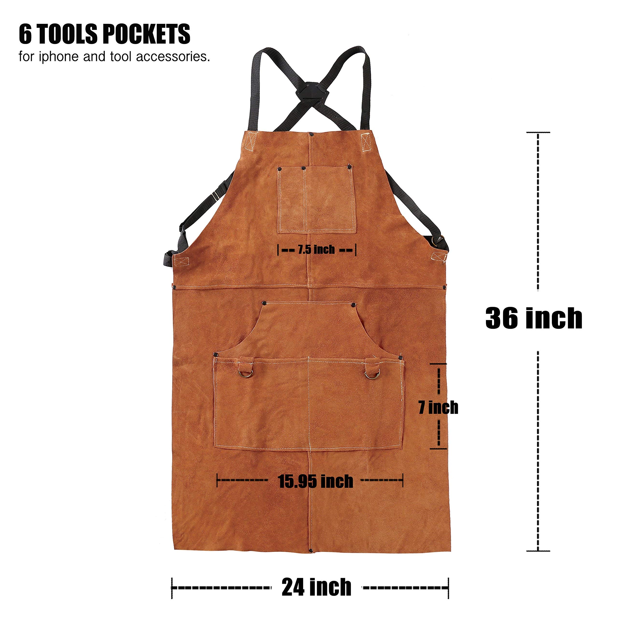 LL LEATHER LOVERS Adjustable Leather Aprons - Heat & Flame-Resistant Heavy Duty Work Forge Apron with Multiple Pockets for Men (Small, Redis Brown-02)