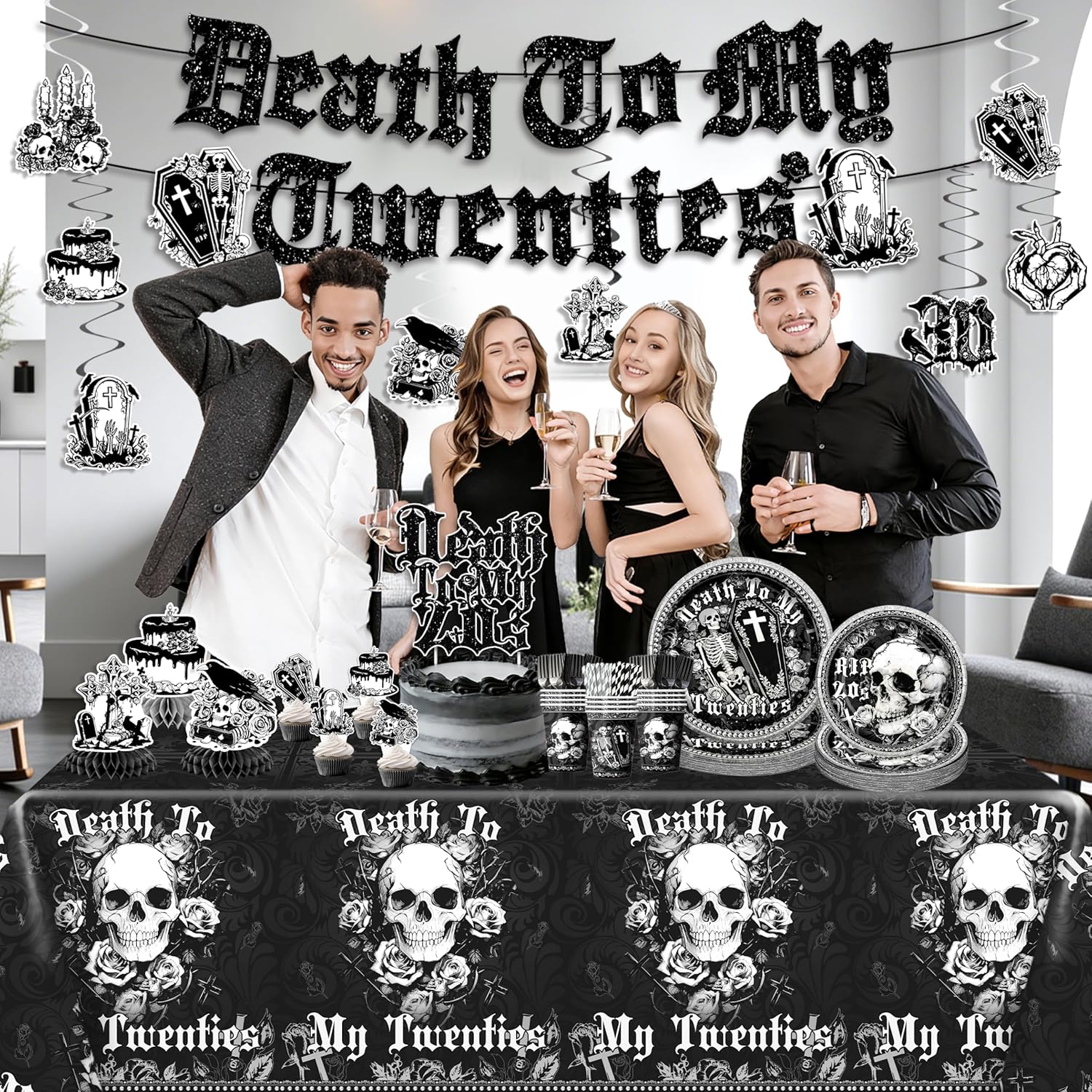 NeoRov 202 Pcs Death To My 20s Decorations Tableware Set - Service 24 Guests - Includes Banner, Cake Topper, Balloons, Plates And Napkins Paper Cup - For My Youth Funny Thirtieth Birthday Party