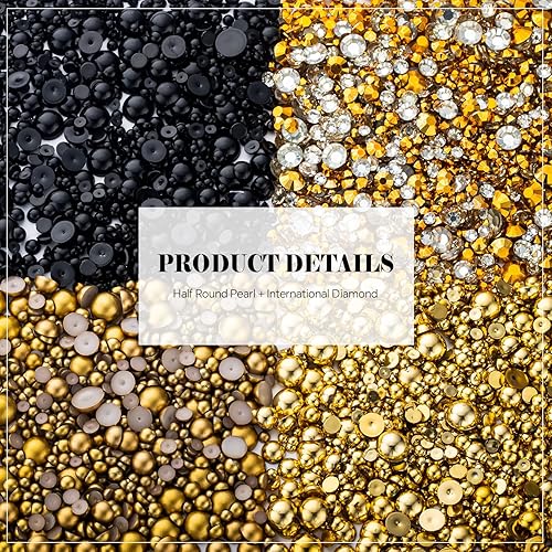 Miniatura 5 de Juego de 3929 diamantes de imitación de perlas de oro negro para manualidades, tamaño mixto de 0.116 a 0.315 pulgadas, color AB, medias perlas,