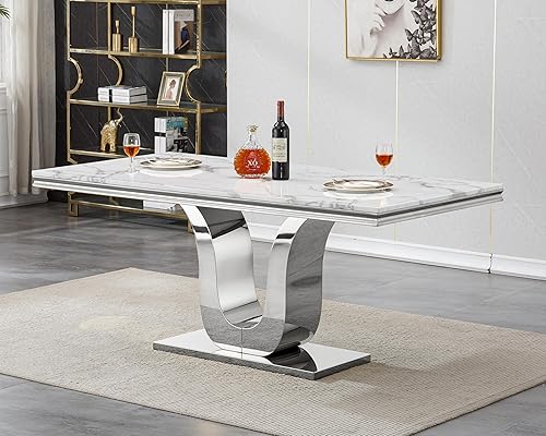 Miniatura 26 de Mesa de comedor de lujo de 69.3 pulgadas para 4 y 6, mesas de comedor de cocina de mármol blanco con parte superior de mármol sintético de 0.98