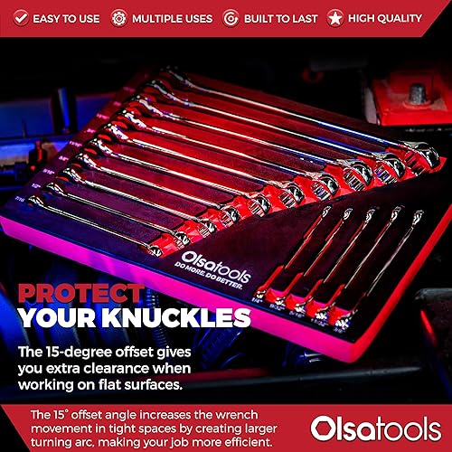 Miniatura 5 de Olsa Tools Juego de llaves combinadas SAE de 15 piezas, acero al cromo vanadio, extremo de caja de precisión de 12 puntos, irrompible